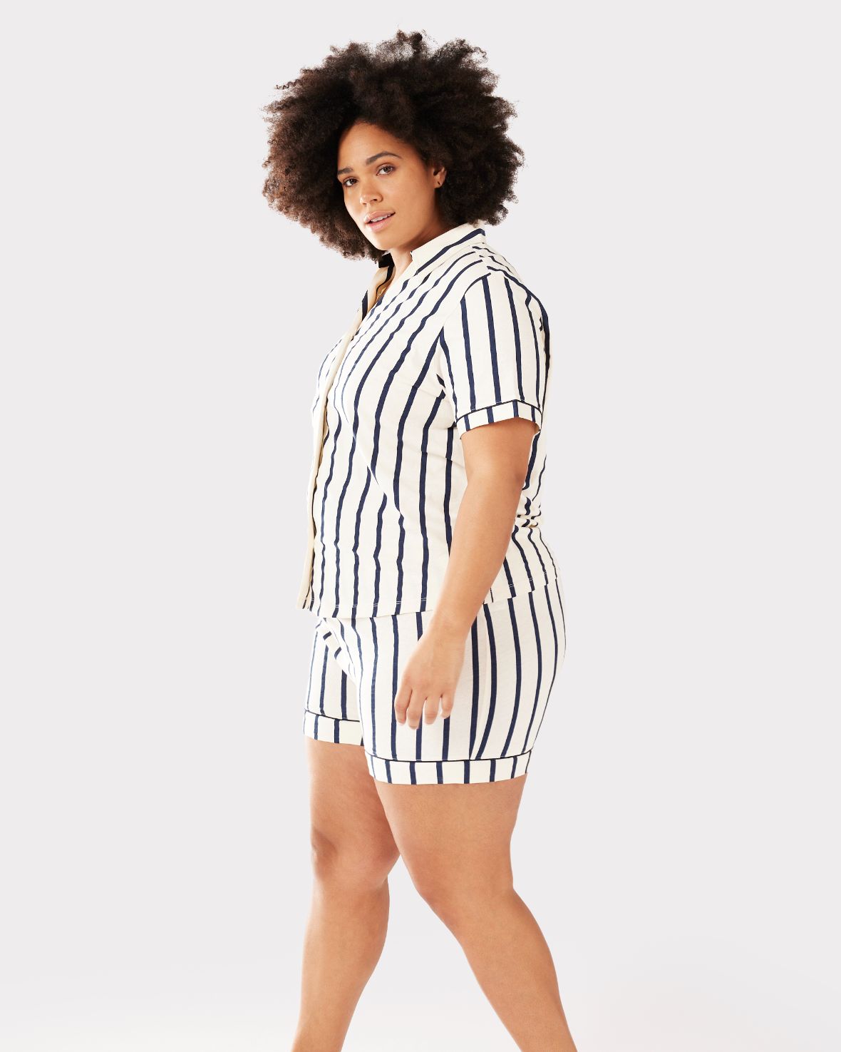 Organic Cotton Striped Short Pajama Set for Women - Navy Blue Sleepwear for Summer & Lounge Wear - Comfortable Nightwear for Relaxing at Home