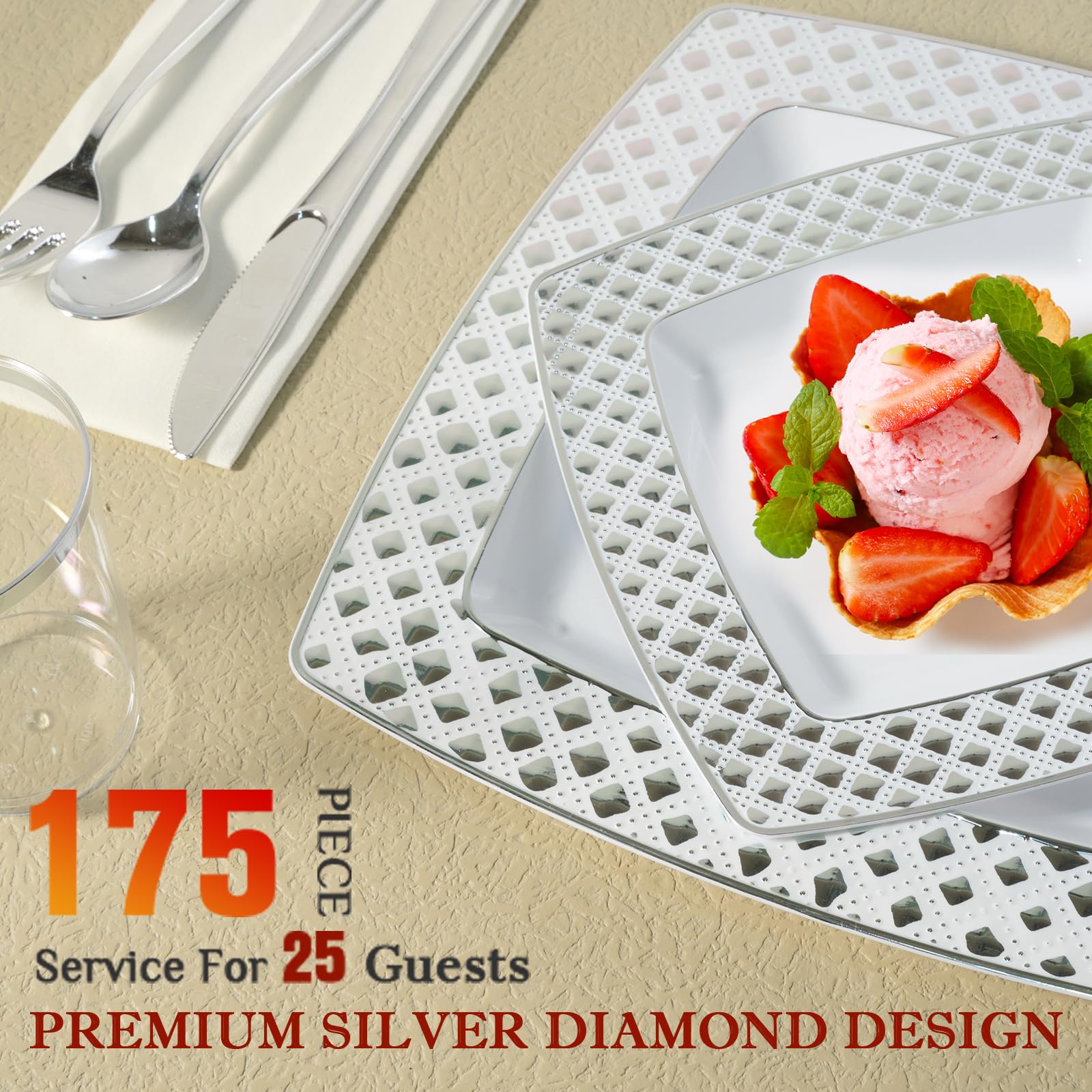 FOCUSLINE 175-Piece Silver Disposable Dinnerware Set for 25 Guests - Elegant Square Plastic Plates with Diamond Design - Includes 25 Dinner Plates, 25 Dessert Plates, 25 Napkins, 25 Cups & 25-Piece Silverware Set - Perfect for Weddings, Parties, Catering & Special Events