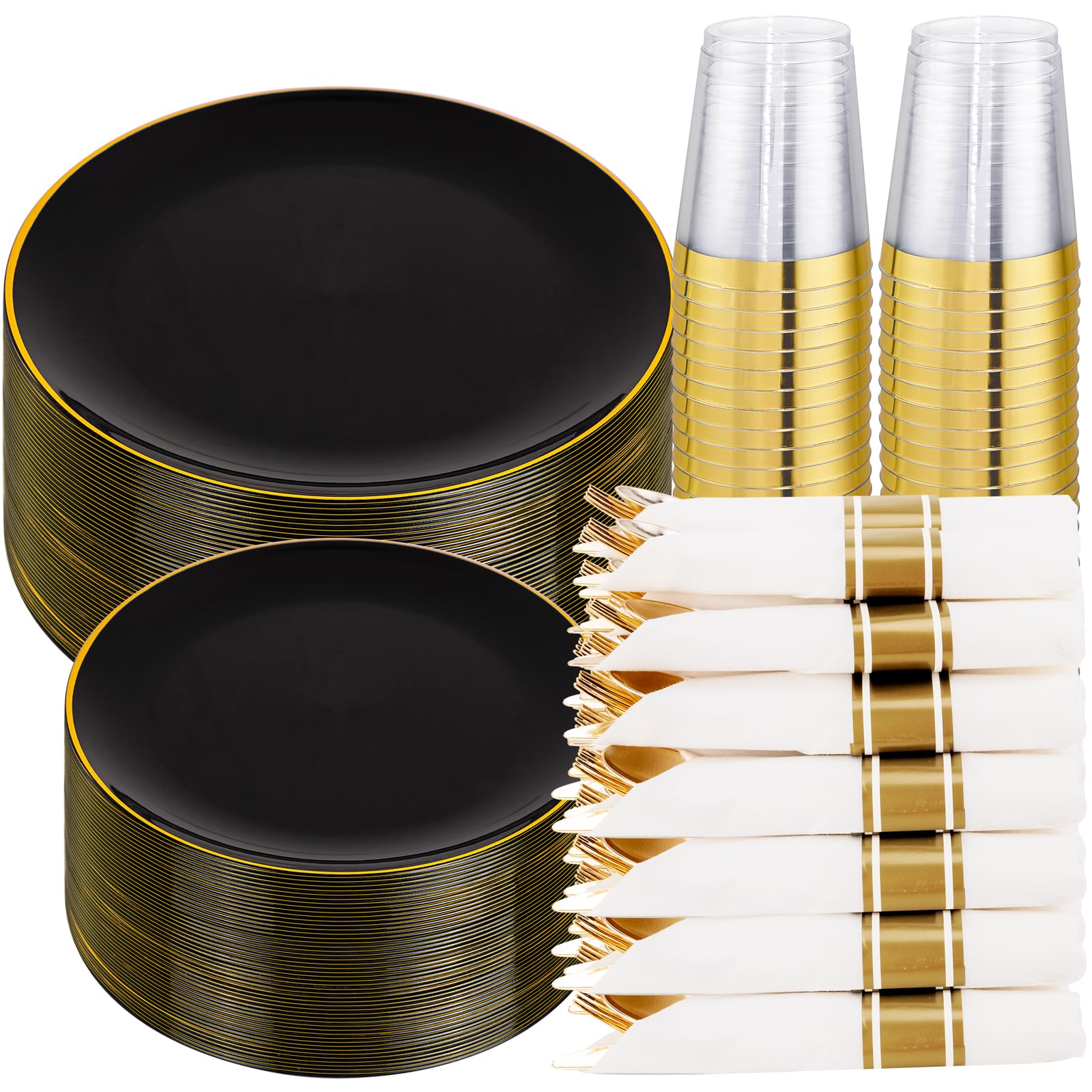350-Piece Black & Gold Plastic Dinnerware Set for 50 Guests - Includes 50 Dinner Plates, Dessert Plates, Cups & Silverware - Elegant Disposable Tableware for Weddings, Parties & New Year Celebrations