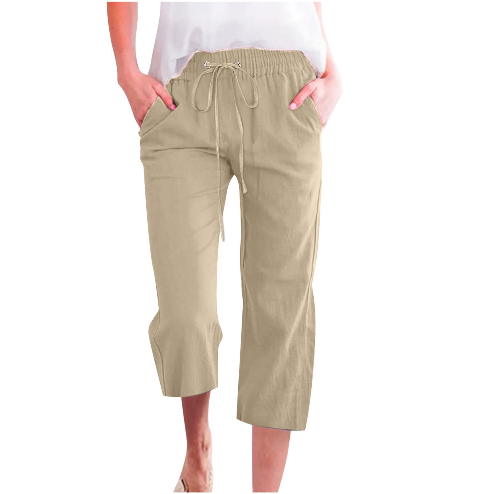 Loinrodi Women's Capri Pants - Soft Loose Cotton Linen Lounge Pants with Drawstring & Pockets for Casual Wear, Yoga, Travel & Home Comfort