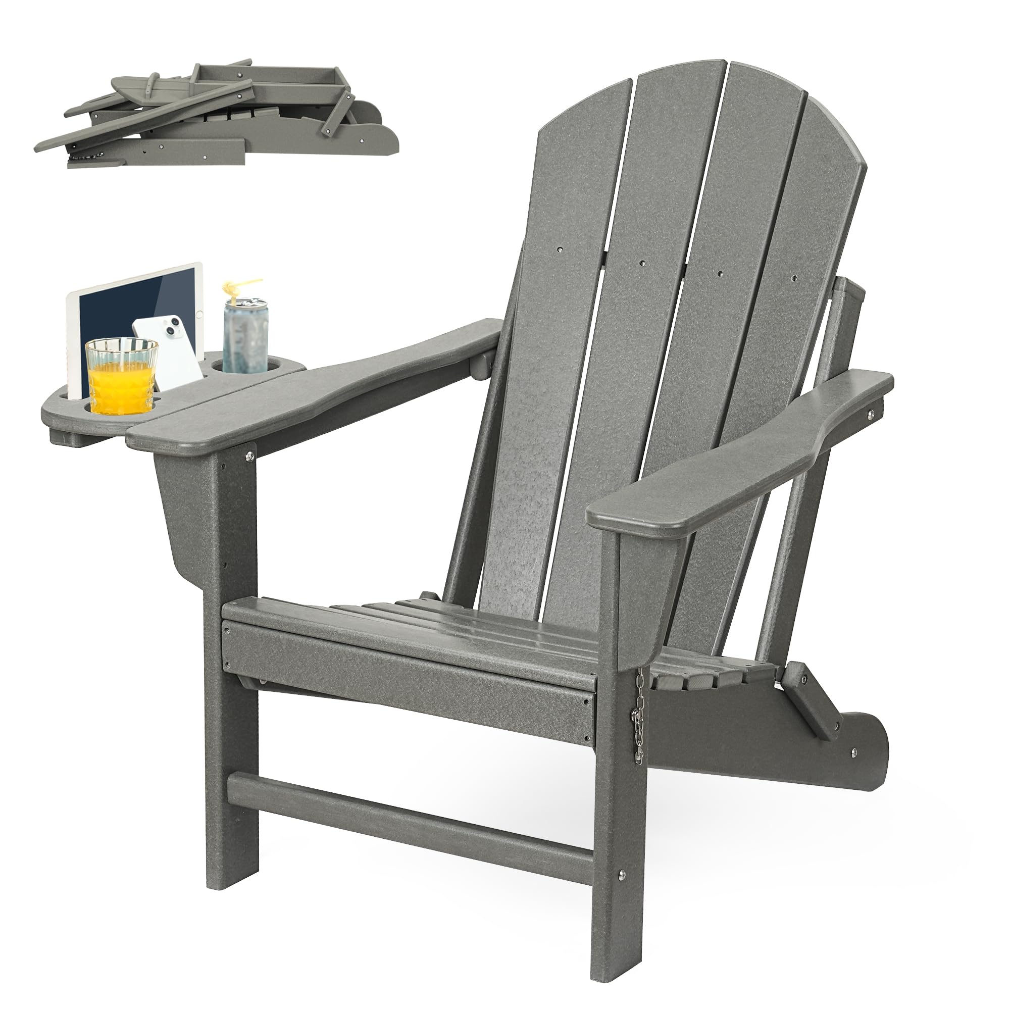 FOOWIN HDPE Folding Adirondack Chair - All-Weather Resistant Outdoor Patio Furniture with 4-in-1 Cup Holder Trays - Perfect for Backyard, Garden, Deck, Camping & Fire Pit Gatherings (Grey)