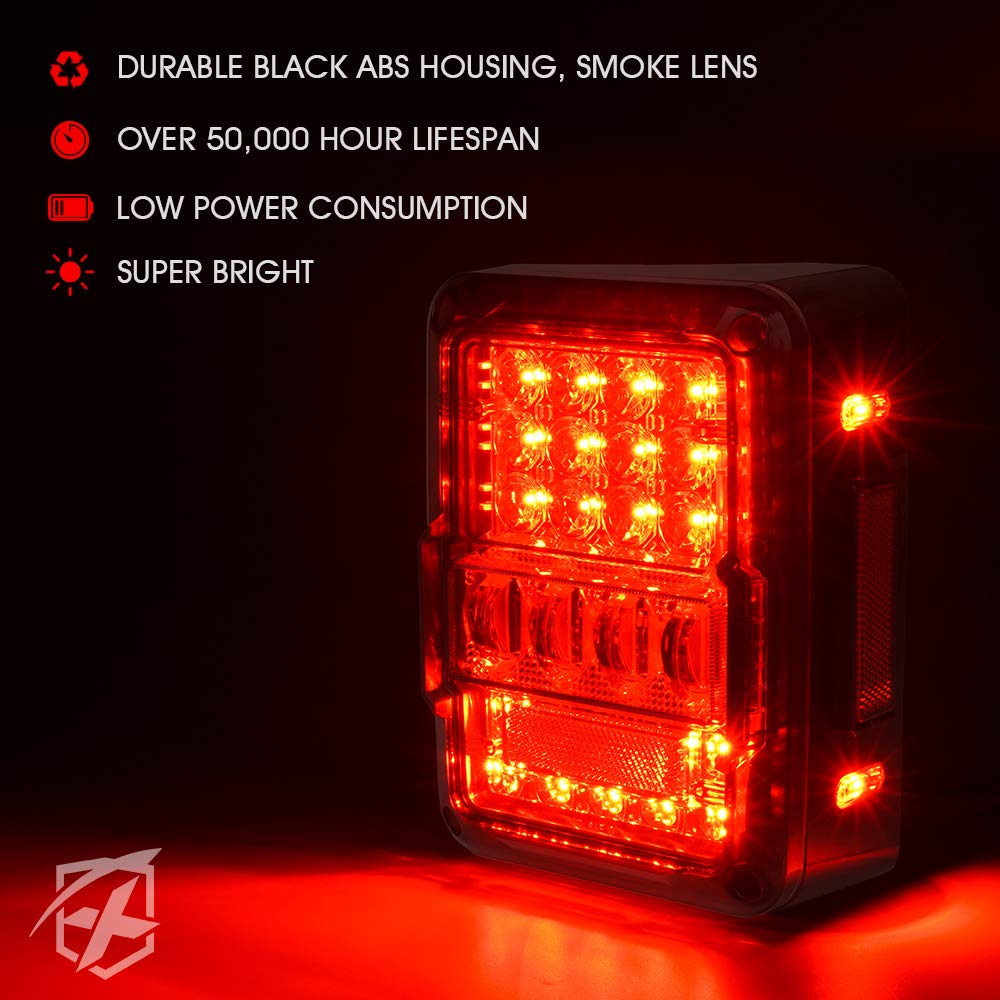 Xprite 4D Smoked LED Tail Lights for 2007-2018 Jeep Wrangler JK JKU Sahara/Rubicon/Sport - Plug & Play Rear Lights with Built-in Resistors (DOT Approved) - Parking, Brake, Turn Signal & Reverse Lights - Perfect for Off-Roading & Night Driving