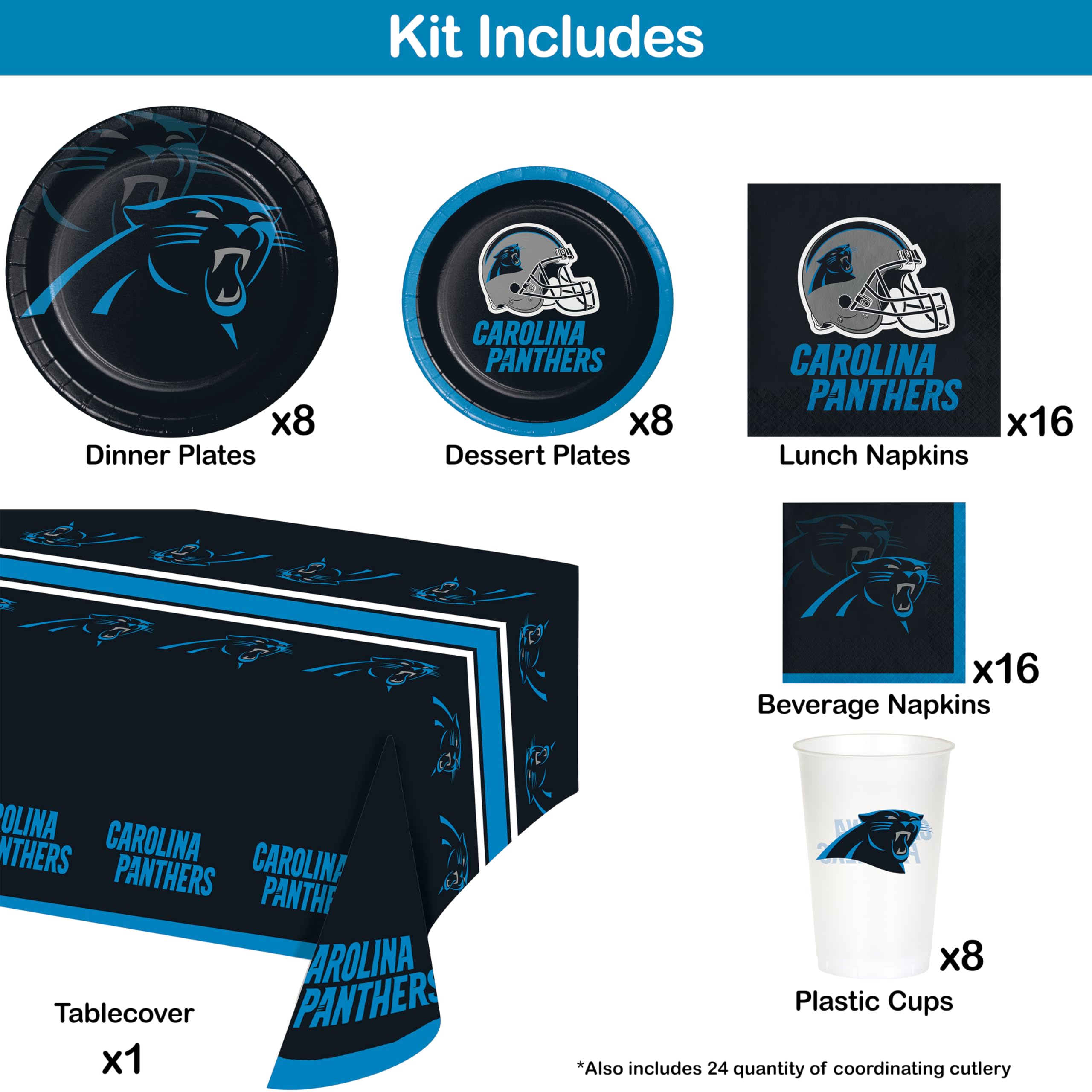 Carolina Panthers NFL Game Day Party Supplies Kit - Includes Plates, Cups, Napkins & More for 8 Guests - Perfect for Football Tailgates, Home Gatherings & Super Bowl Parties