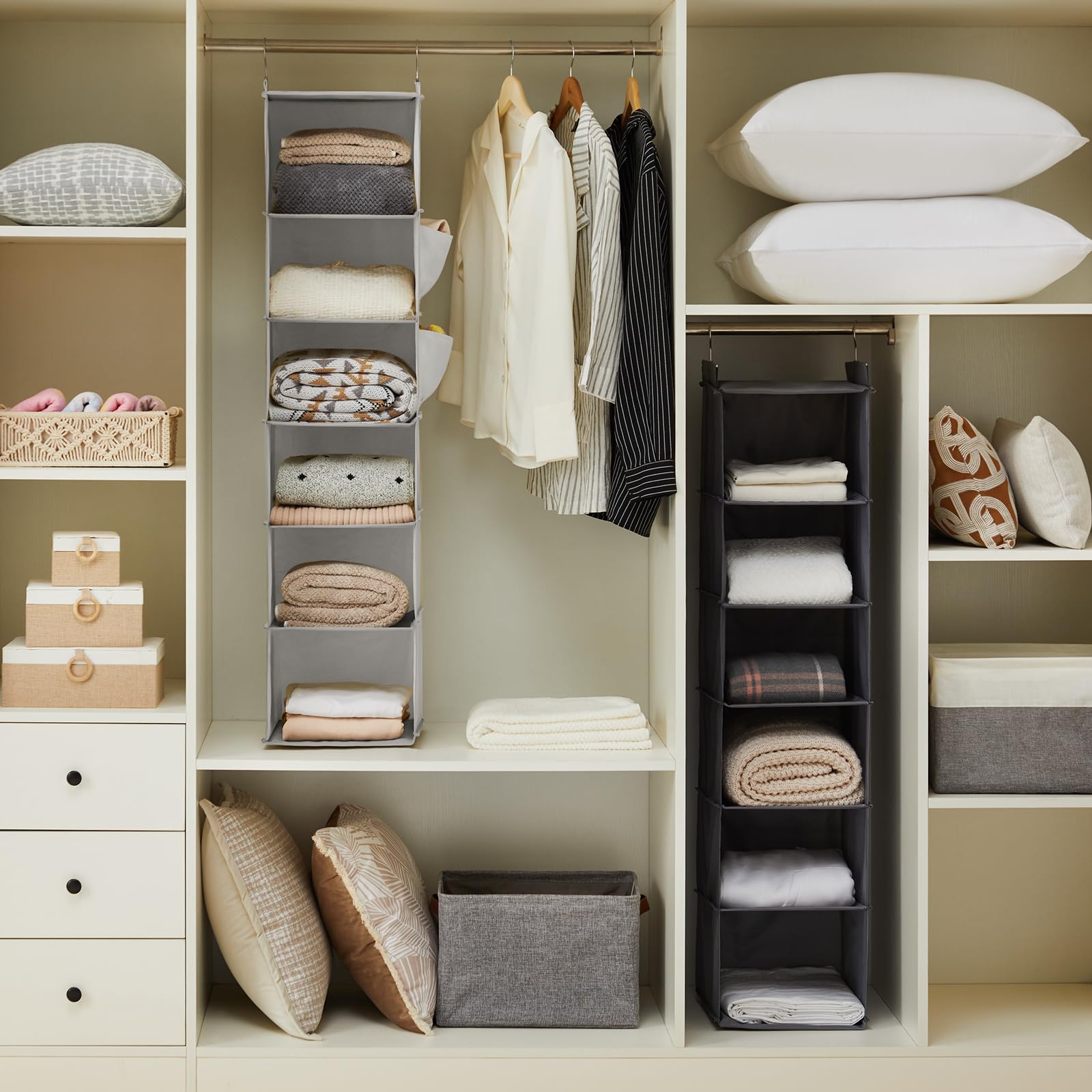 6-Shelf Hanging Closet Organizer - Sturdy Bamboo Frame with Fabric Storage | Space-Saving Sweater & Clothes Organizer (11.8”x11.8”x47.2”, Light Grey) | Perfect for Bedroom, Closet & Dorm Organization