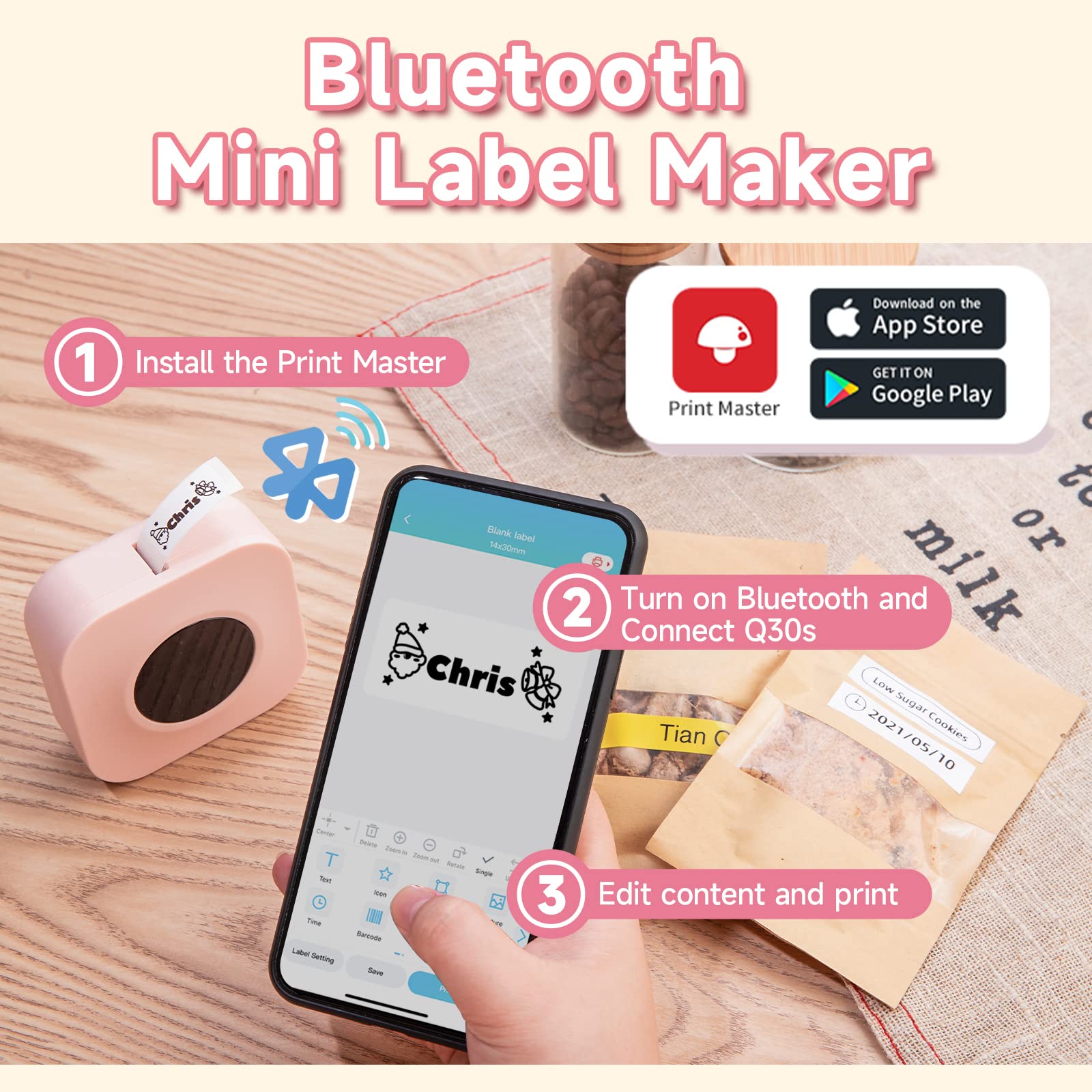 Memoqueen Q30S Bluetooth Label Maker Machine - Handheld Thermal Sticker Printer with 3 Tapes, Multiple Templates & Rich Icons for Home Office Organization (Pink) | Perfect for Shipping Labels, Pantry Organization & Craft Projects