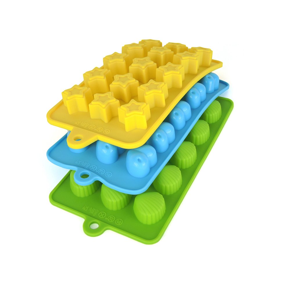 3pcs Silicone Ice Cube Molds - Star, Heart & Shell Shapes for Cocktails, Chocolate & Candy Making - BPA-Free Flexible Ice Trays for Kitchen, Bar & Party Use (Yellow, Green, Sky Blue)