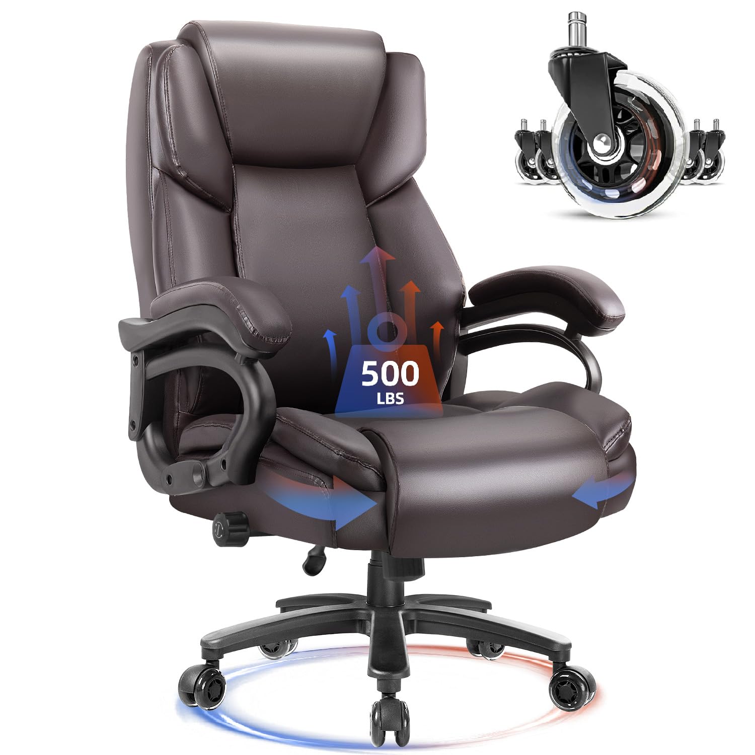 Waleaf 500lbs Heavy Duty Big and Tall Office Chair - Adjustable Ergonomic Executive Chair with Lumbar Support, High Back & Quiet Rubber Wheels - Perfect for Heavy People, Home Office, Gaming & Workspaces