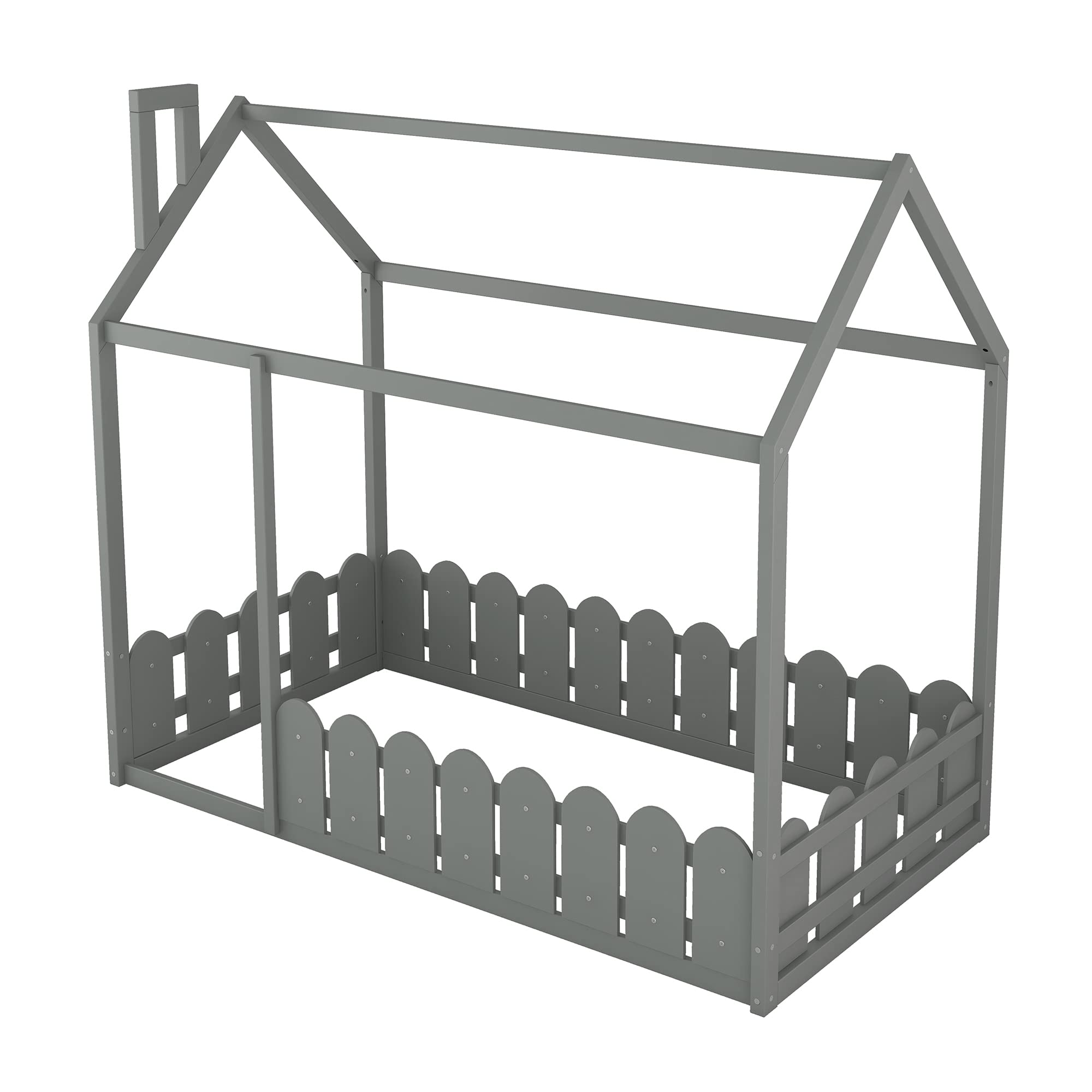 Twin Size Wooden House Bed with Fence and Roof - Kids Playhouse Bed Frame for Toddlers, Girls & Boys in Grey - Perfect for Bedrooms, Playrooms & Imaginative Play
