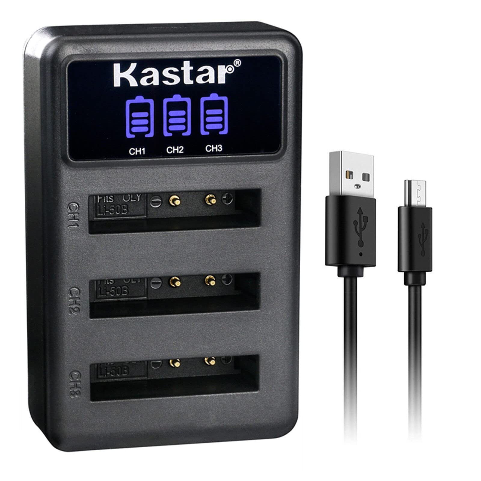 Kastar LCD Triple USB Battery Charger for Olympus Tough TG-835/TG-850/TG-870 & VG/VH/VR Series Cameras - Fast Charging with Digital Display - Perfect for Travel, Outdoor Photography & Backup Power