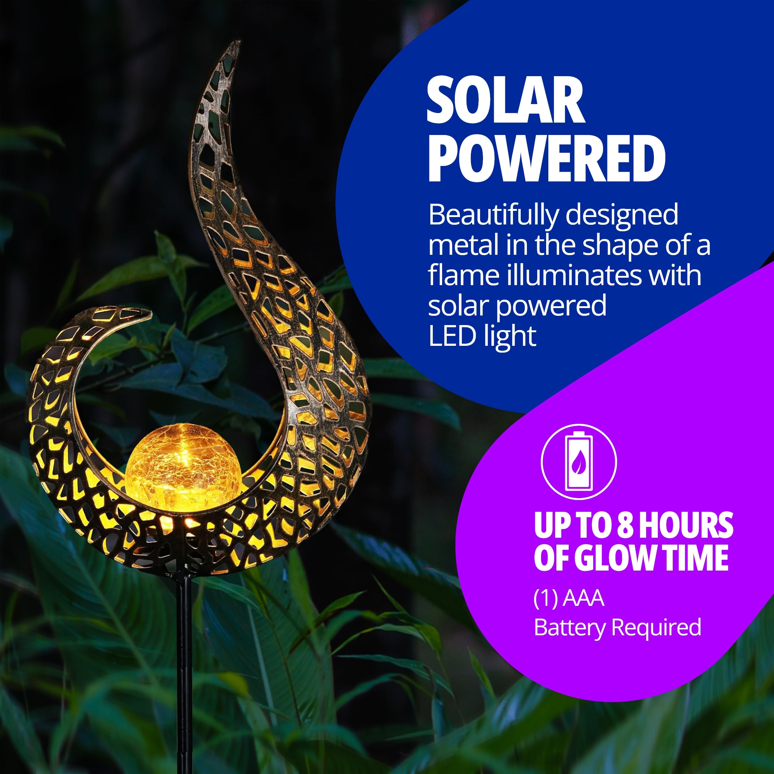 Exhart Solar Garden Lights - Half Flame Metal Filigree Torch Stake with Flickering LED Crackle Glass Ball - Outdoor Solar Decor (6.5 x 3 x 35.5 Inch) for Patio, Yard, Pathway & Landscape Lighting