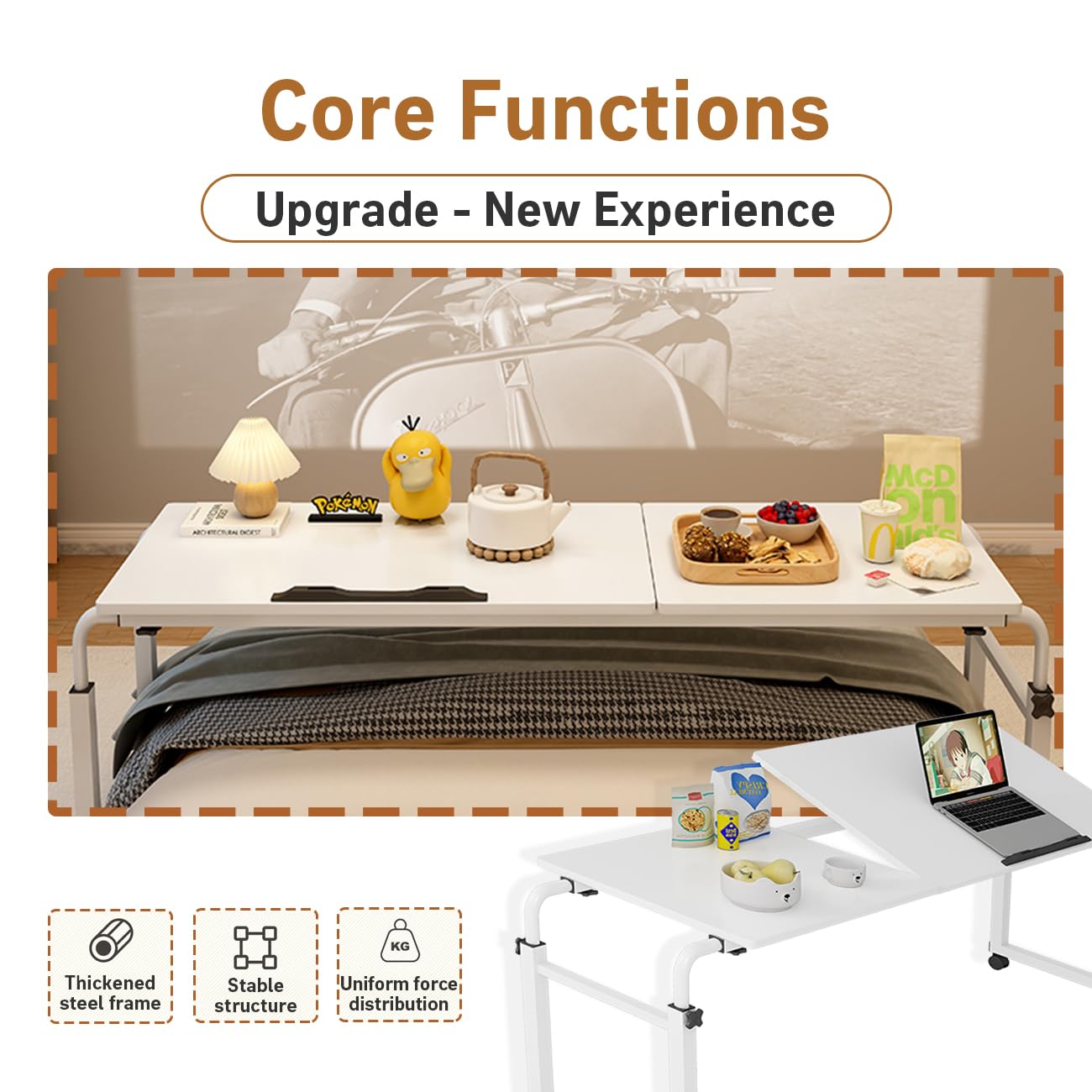 Adjustable Overbed Table with Wheels - Mobile Hospital Bedside Table, Rolling Desk for Queen Size Beds (1.2m-1.8m), Height Adjustable Standing Work Surface - Perfect for Eating, Working, Reading in Bed or Recovery (White)