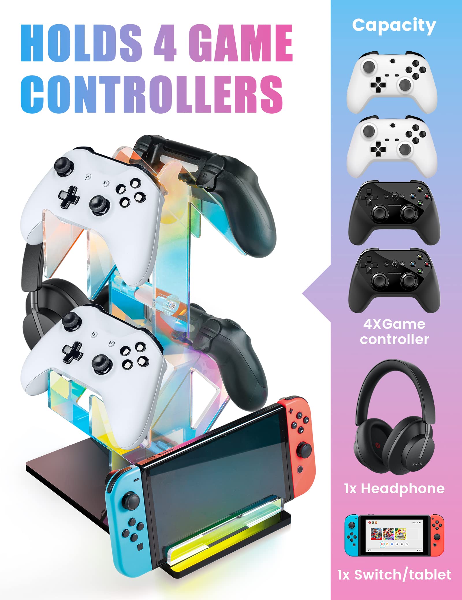 NiHome Iridescent Acrylic 2-Tier Universal Game Controller and Headset Holder Stand - Modern Storage Organizer for PS5, Xbox ONE, Nintendo Switch Controllers & Headphones - Anti-Slip Stable Gaming Accessory Rack - Perfect for Gaming Setup and Living Room Organization
