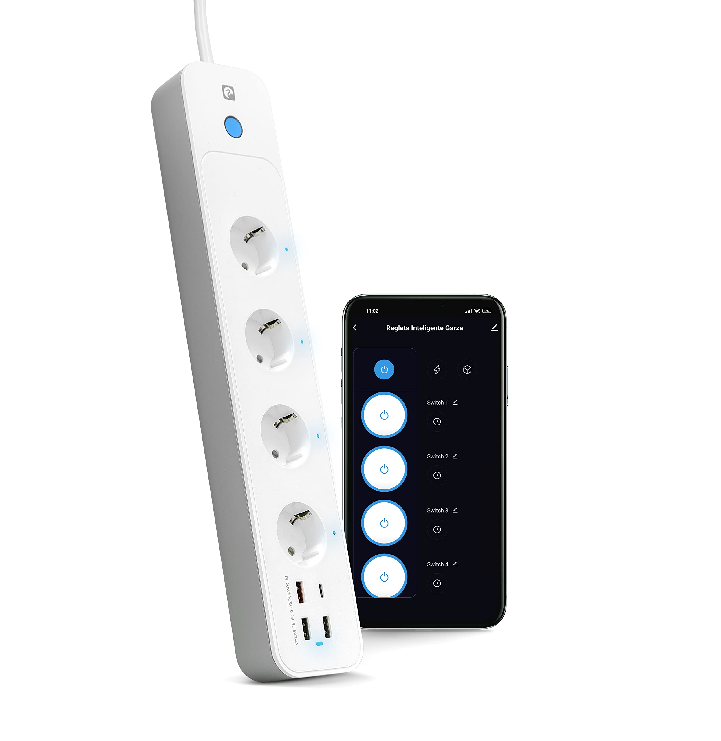 Garza Smart WiFi Power Strip with 4 Outlets, 2 USB-A & USB-C Ports, 1.5m Cable - Fast Charging, Energy Monitor, App/Voice Control (Alexa/Google) - Perfect for Home Office, Gaming Setup & Smart Home Devices