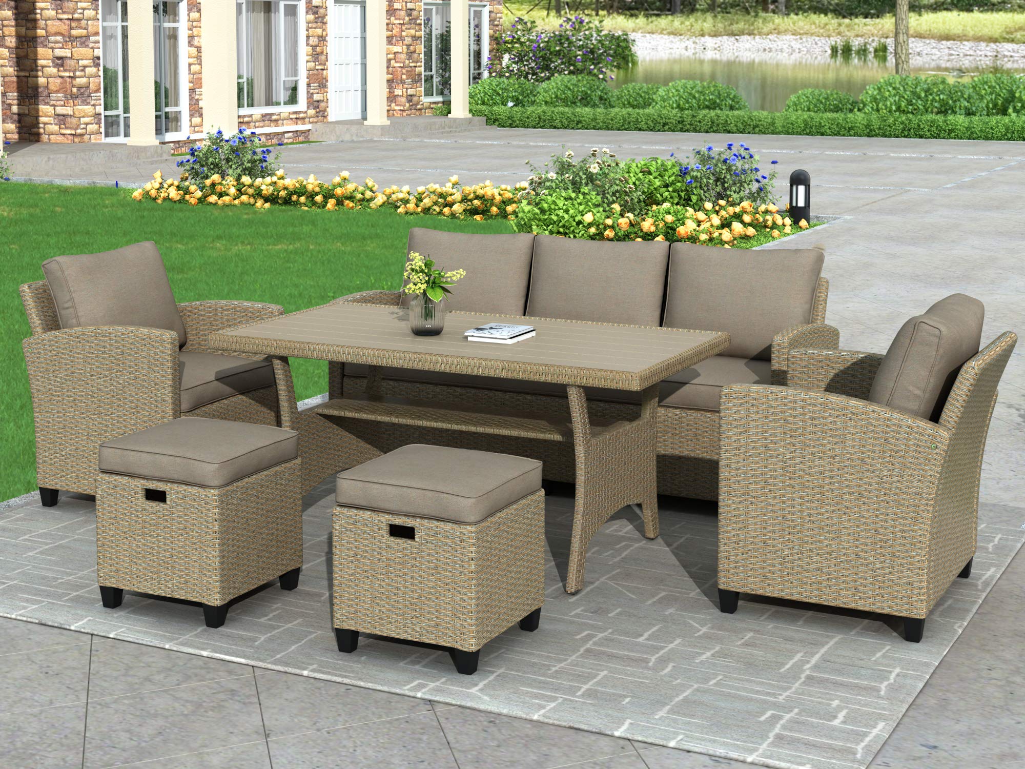 All-Weather 6-Piece Outdoor Dining Table Set with Rattan Wicker Sofa, Wood Table & Stools - Brown Patio Furniture for Garden, Backyard, and Poolside Relaxation