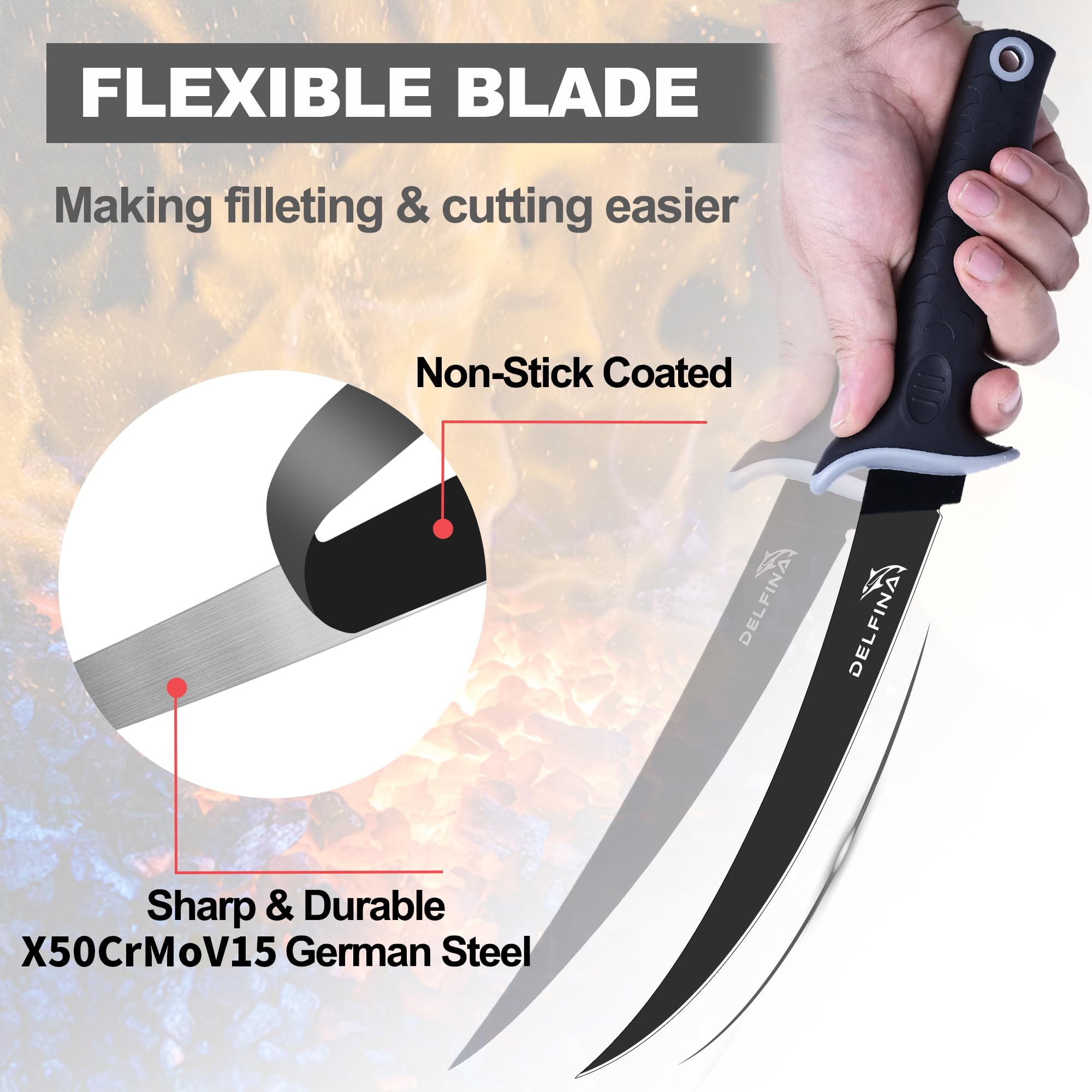 Delfina 9 Inch Fillet Knife - Premium German Steel Blade with Ergonomic Soft Handle & Protective Sheath - Perfect for Fish Filleting, Deboning, and Outdoor Cooking | Great for Camping, Fishing Trips, and Home Kitchen Use