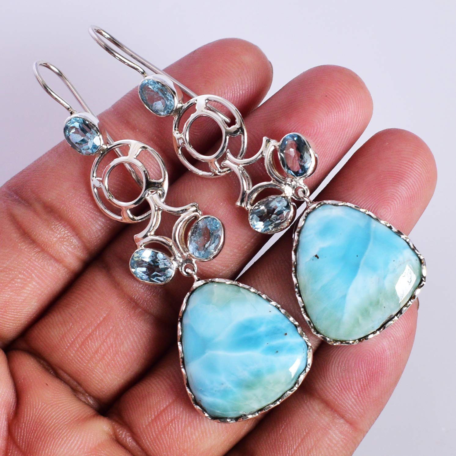 Larimar & Blue Topaz Teardrop Earrings - Sterling Silver Filigree Irish Celtic Drop Earrings for Women | Elegant Jewelry Gift for Weddings, Parties & Special Occasions