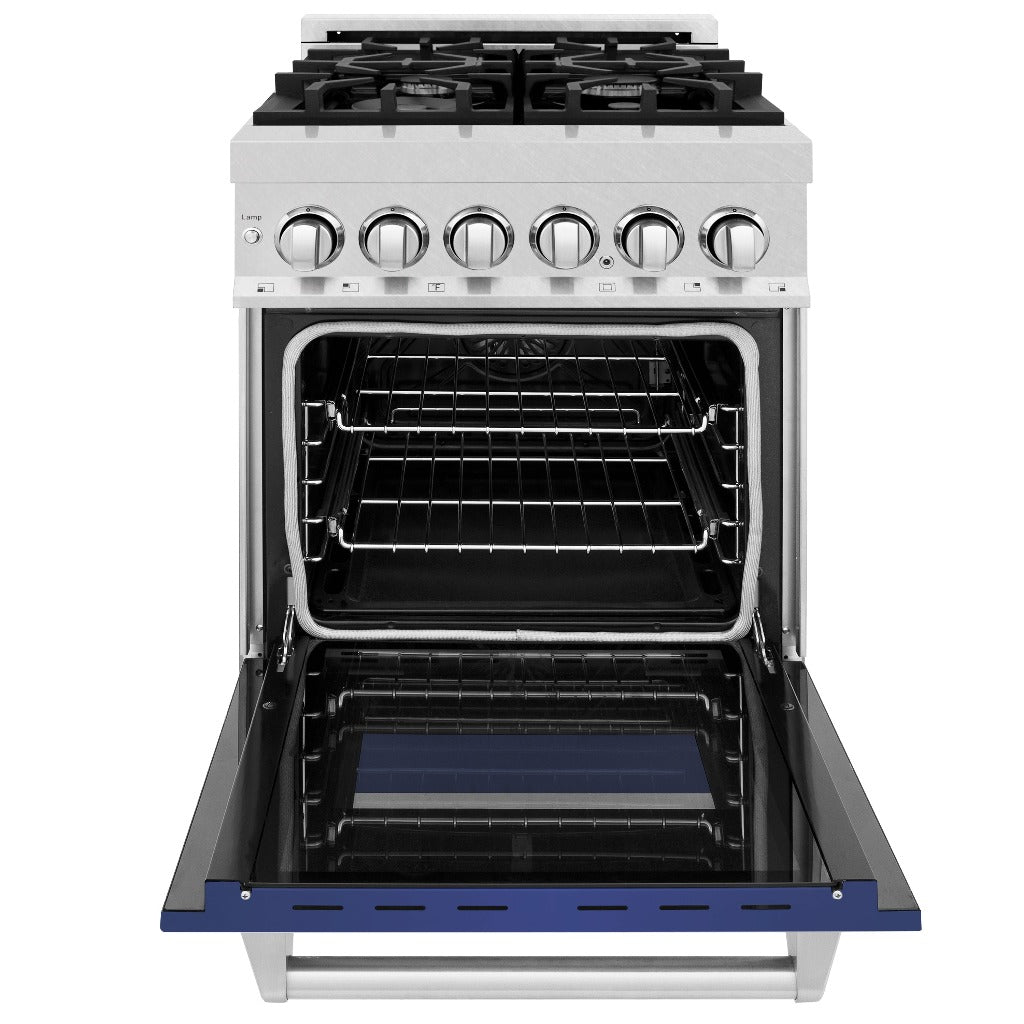 ZLINE 24 Inch 2.8 Cu. Ft. Dual Fuel Range - 4 Burner Gas Cooktop & Electric Convection Oven - Satin Stainless Steel with Blue Matte Door (RAS BM 24) - Perfect for Modern Kitchens & Professional Style Cooking