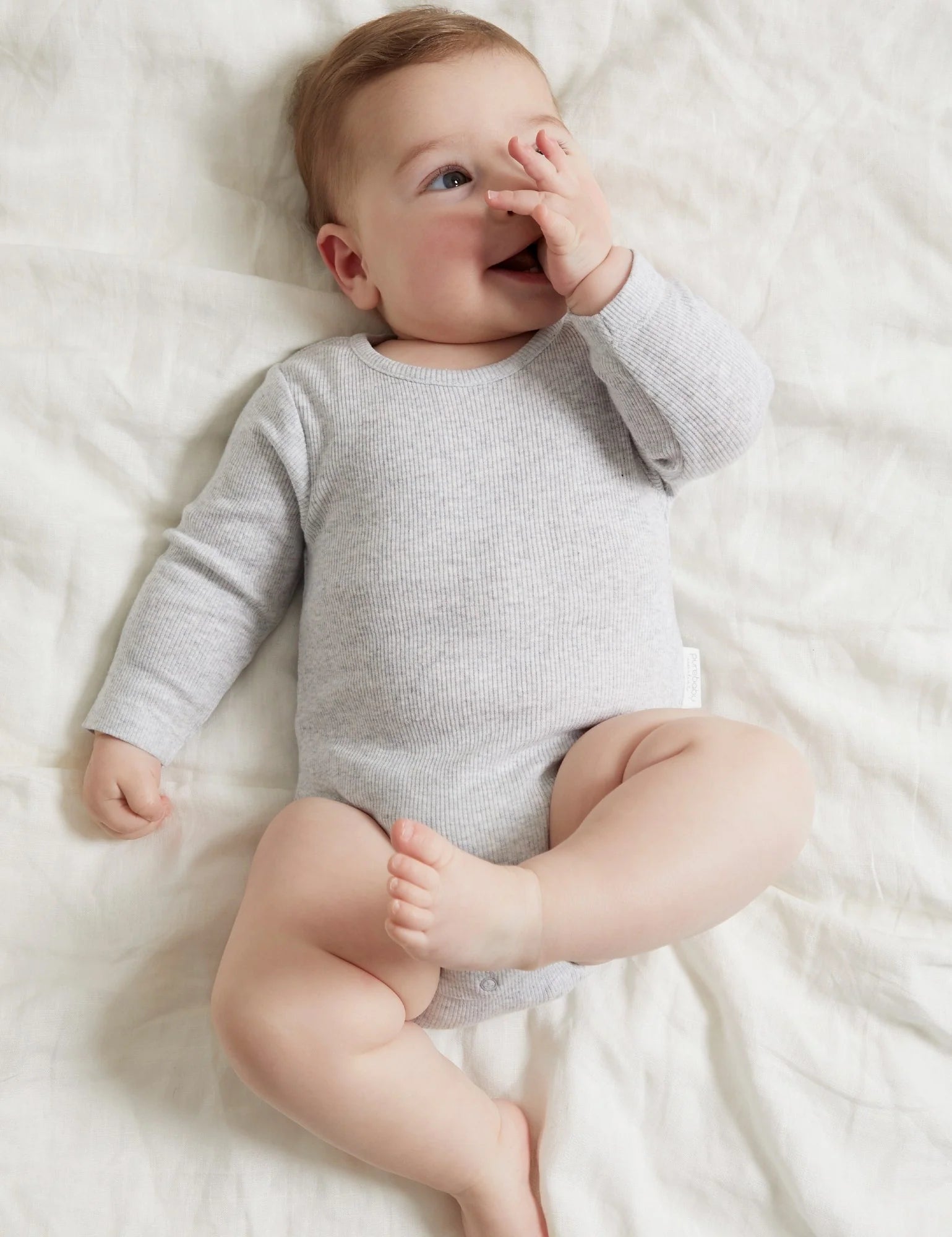 Purebaby Organic Cotton Ribbed Long Sleeve Bodysuit for Babies - Soft Grey Mélange - Perfect for Everyday Wear & Gentle Skin Care