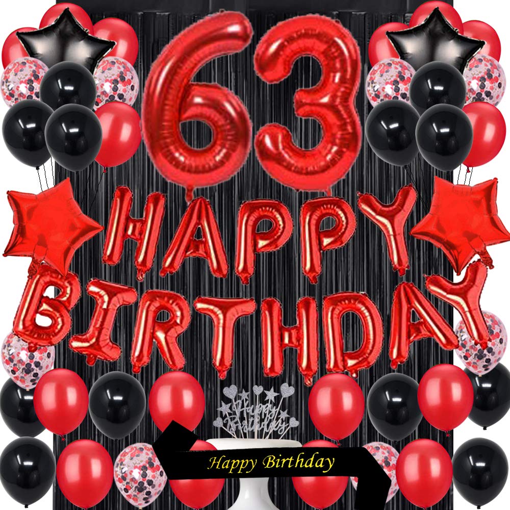 63rd Birthday Party Decorations Kit - Red & Black Latex Balloons, Cake Topper, Sash, Foil Curtains & Star Balloons for Adult Milestone Celebration | Perfect for Retirement Parties, Surprise Events & Anniversary Decor