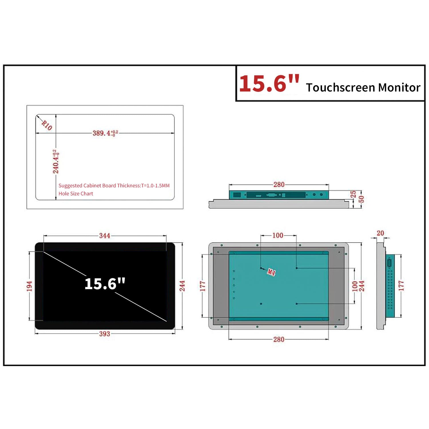 15.6 Inch Industrial Touch Screen Monitor - Full HD 1920x1080 Multi-Touch Display with HDMI & USB, Built-in Speakers, VESA Mount for POS/Kiosk/Automation/POI Devices - Perfect for Retail, Restaurants, and Interactive Digital Signage