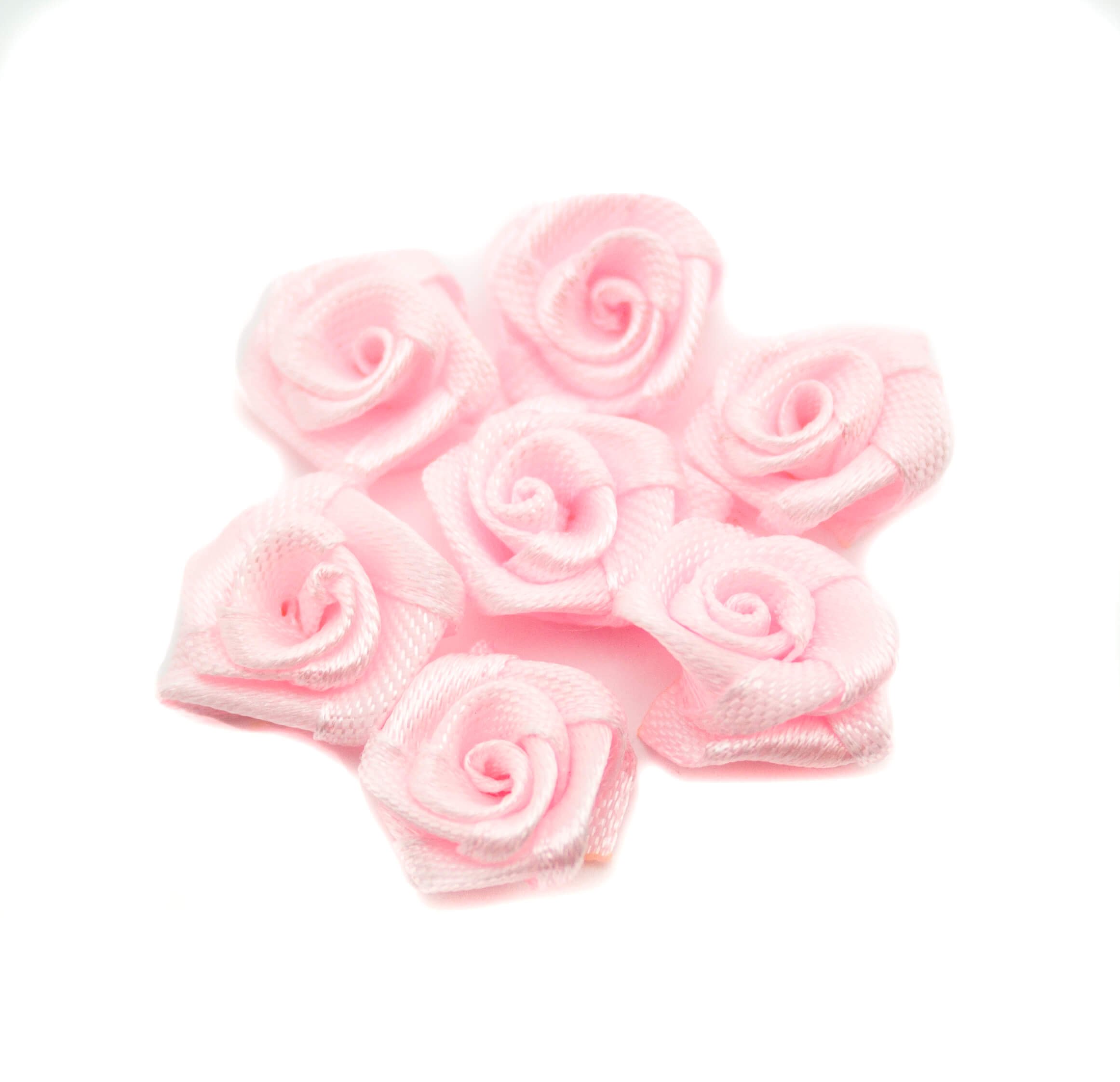 Handmade Small Ribbon Rose Flower Sew-On Trims - 15mm Embellishments for DIY Crafts (Pack of 50, Pink) - Perfect for Scrapbooking, Wedding Decorations & Hair Accessories
