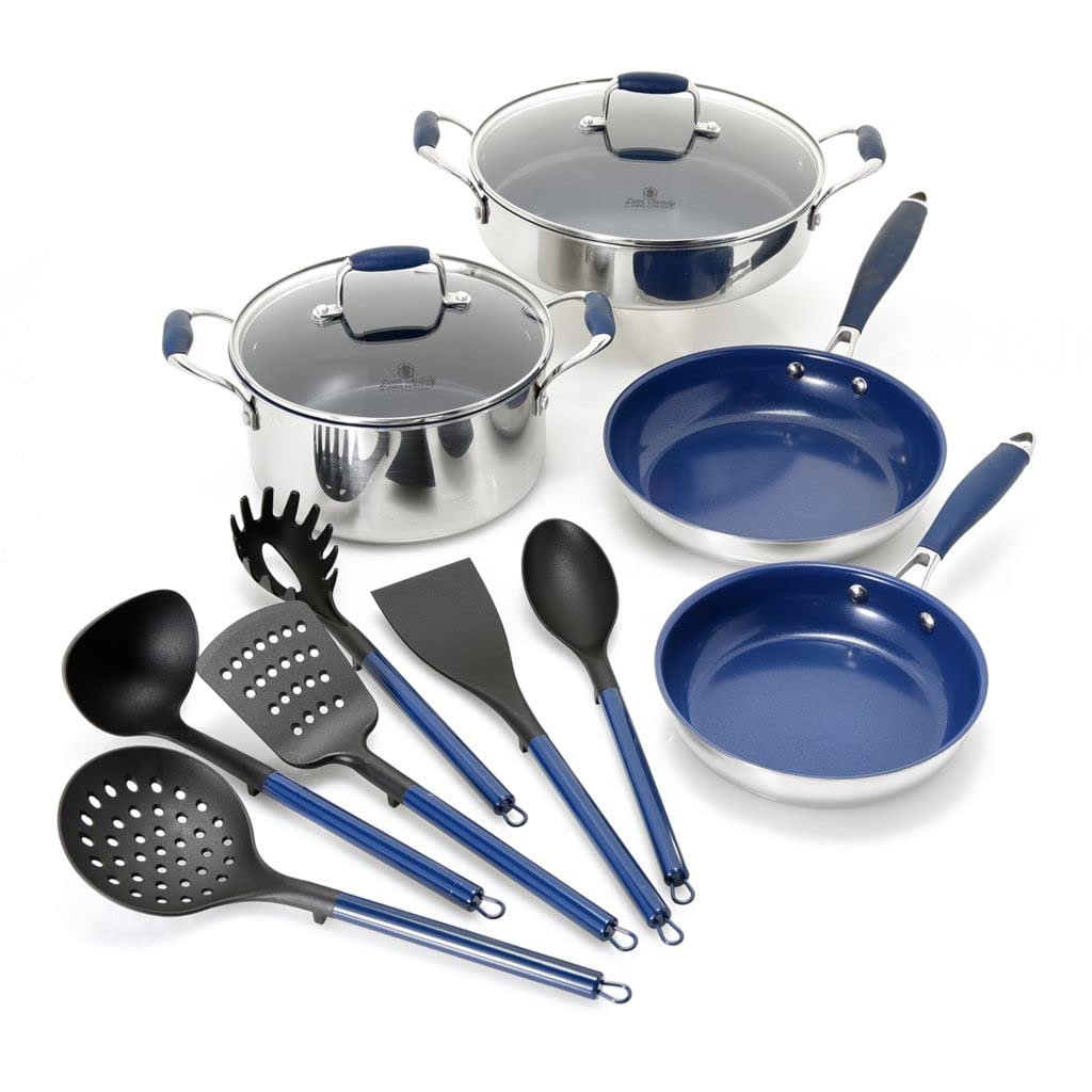 Premium 6-Piece Tri-Ply Stainless Steel Cookware Set with Bonus Utensils - Navy Blue | Professional Kitchen Cookware for Home Chefs | Perfect for Boiling, Frying & Sauteing | Dishwasher Safe & Oven Safe