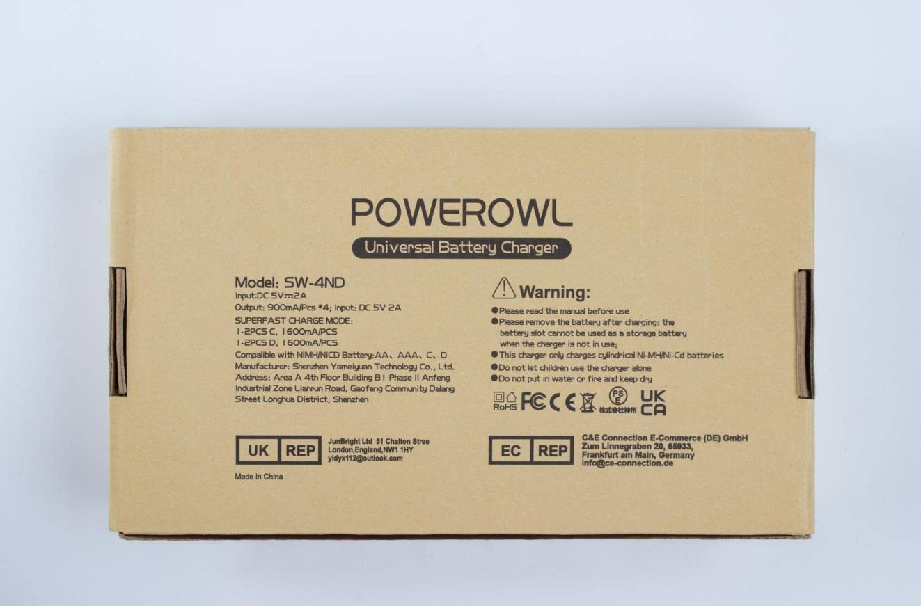 POWEROWL Rechargeable D Batteries (4-Pack) with 4 Bay USB Fast Charger - Compatible with AA AAA C D Ni-MH Ni-CD Batteries - Ideal for Flashlights, Toys, and Emergency Power Backup