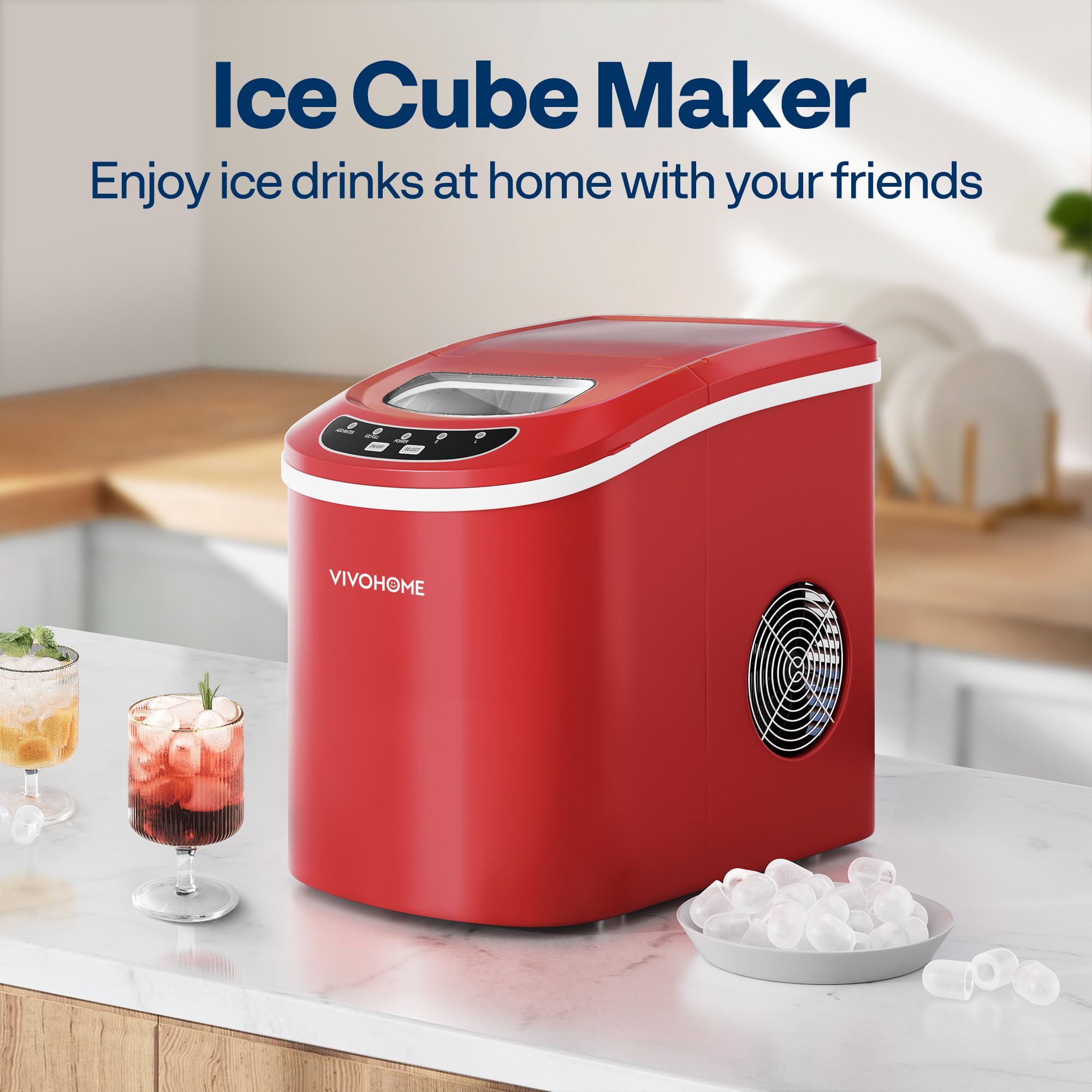 VIVOHOME Portable Countertop Ice Maker Machine - 26lbs/Day, 9 Ice Cubes in 6 Minutes, Self-Cleaning with Hand Scoop (Red) - Perfect for Home, Office, RV, and Parties