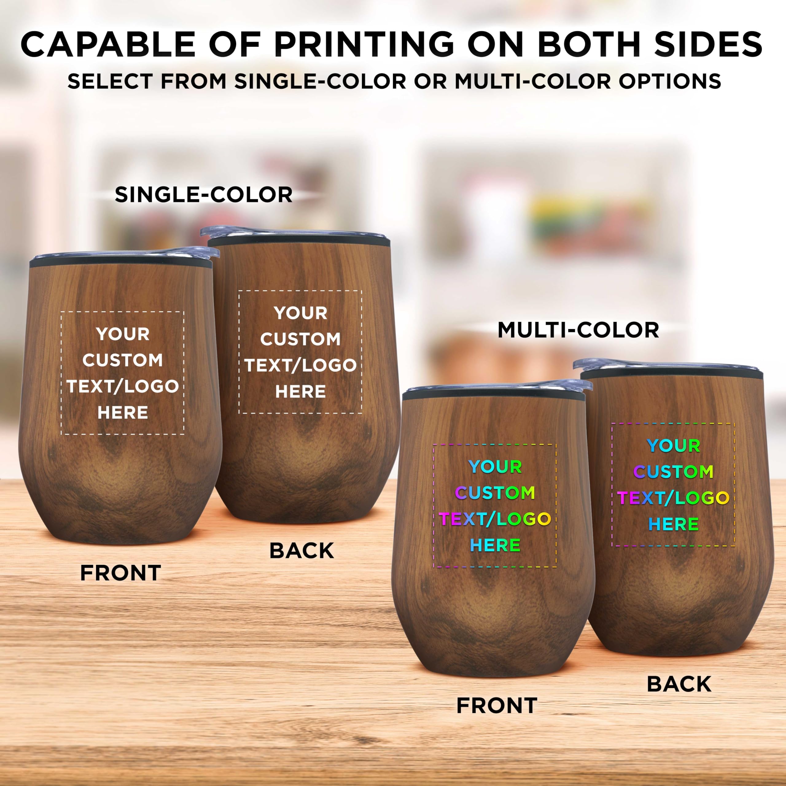 12-Pack Personalized Palmera Stemless Wine Tumblers with Lids - 12oz Insulated Glasses for Wine, Cocktails & Beverages | Custom Wood Design for Parties, Weddings & Home Entertaining
