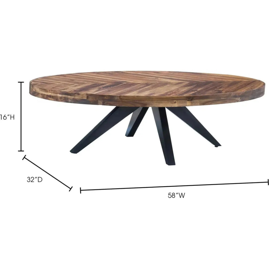 58 Inch Oval Coffee Table - Rustic Brown Wooden Living Room Centerpiece for Modern & Farmhouse Decor