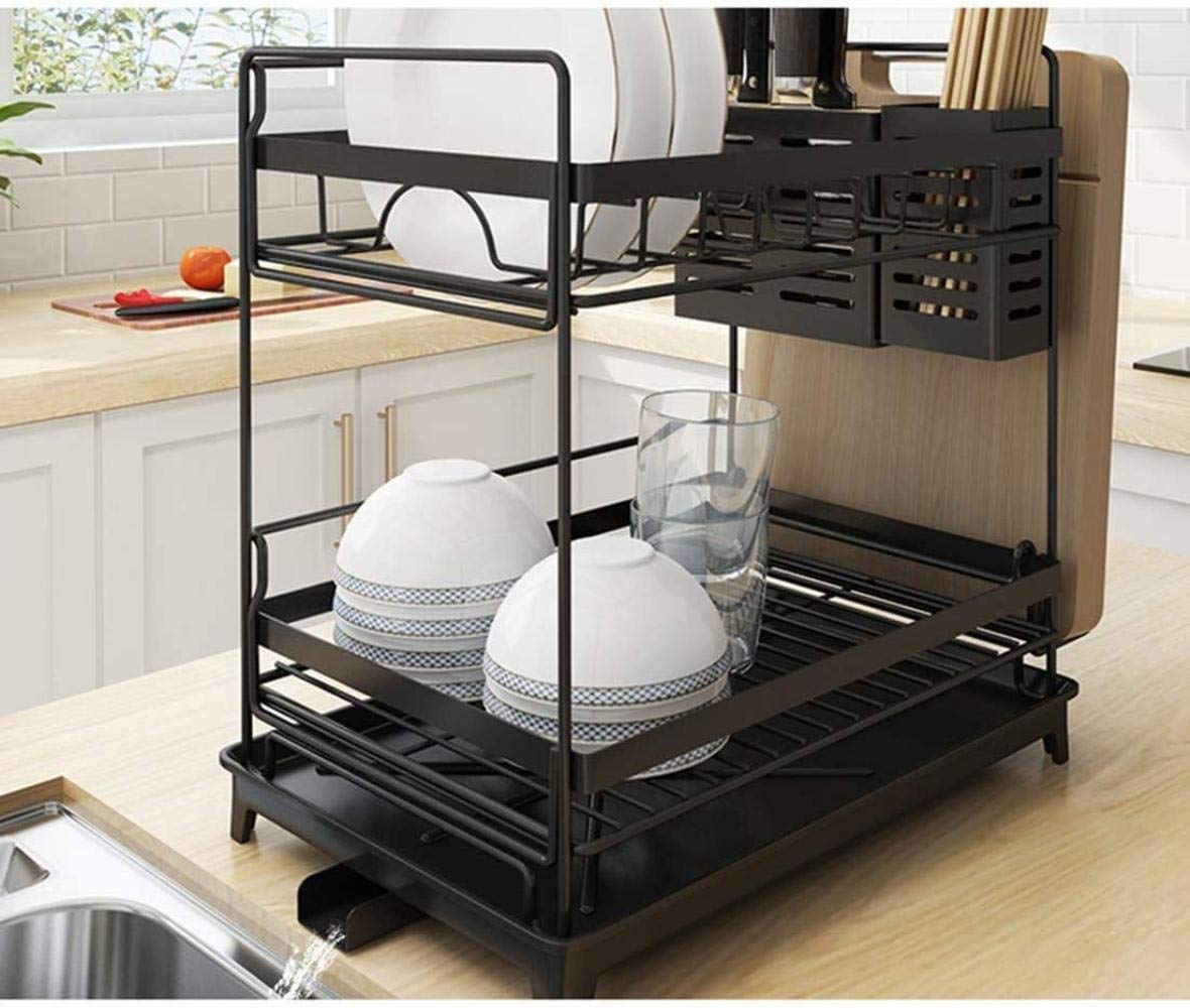 2-Tier Stainless Steel Dish Drying Rack with Drip Tray - Space Saving Kitchen Organizer for Dishes, Cups & Utensils - Perfect for Small Kitchens, Apartments & RVs (Black)