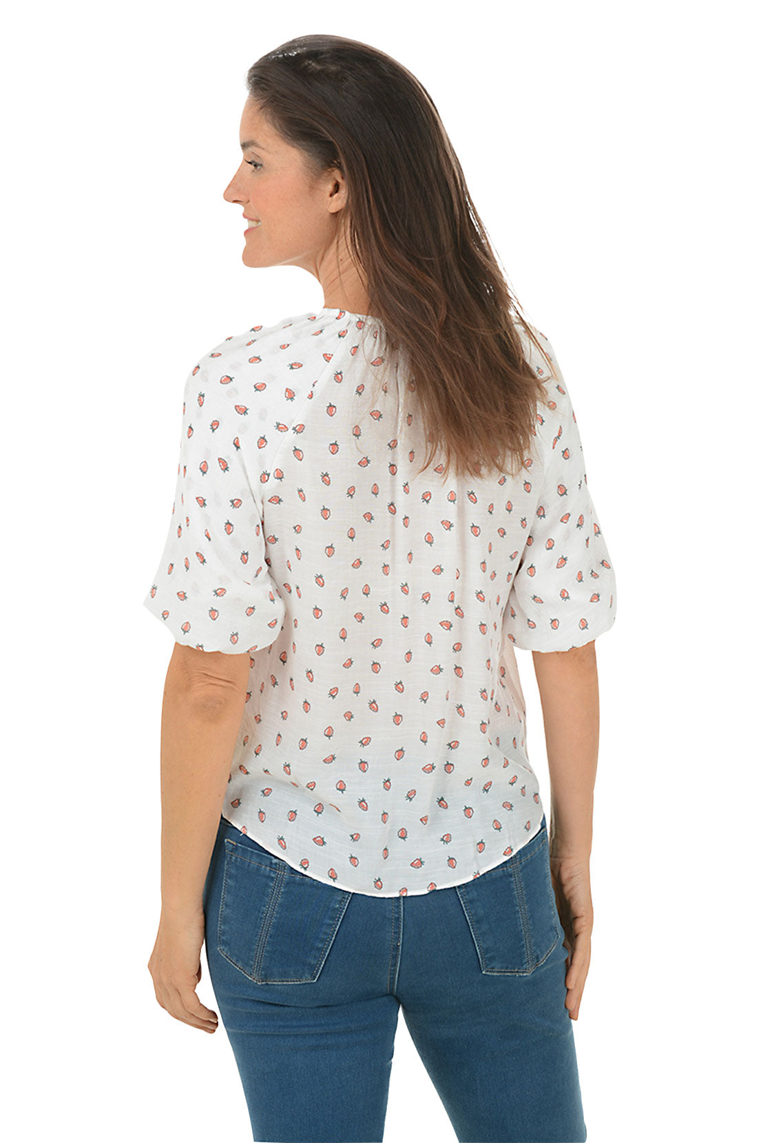 Strawberry Print Puffed Short Sleeve Blouse - Cute Summer Top for Women | Perfect for Beach Outings, Picnics & Date Nights