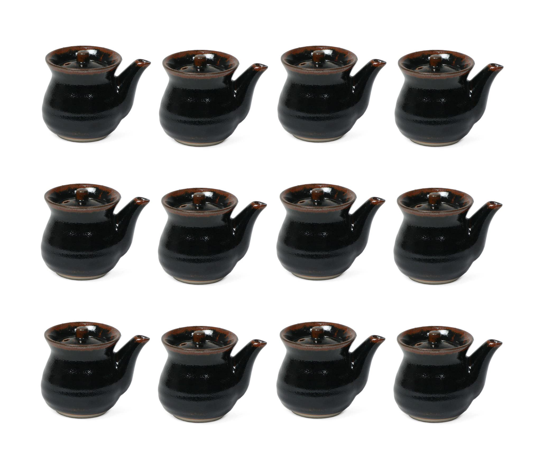 Premium Japanese Soy Sauce Dispenser - Traditional Tenmoku Pottery Shoyu Bottle & Mini Teapot (8oz, Black, Pack of 12) - Authentic Made in Japan - Perfect for Sushi Restaurants, Asian Cuisine & Home Kitchens