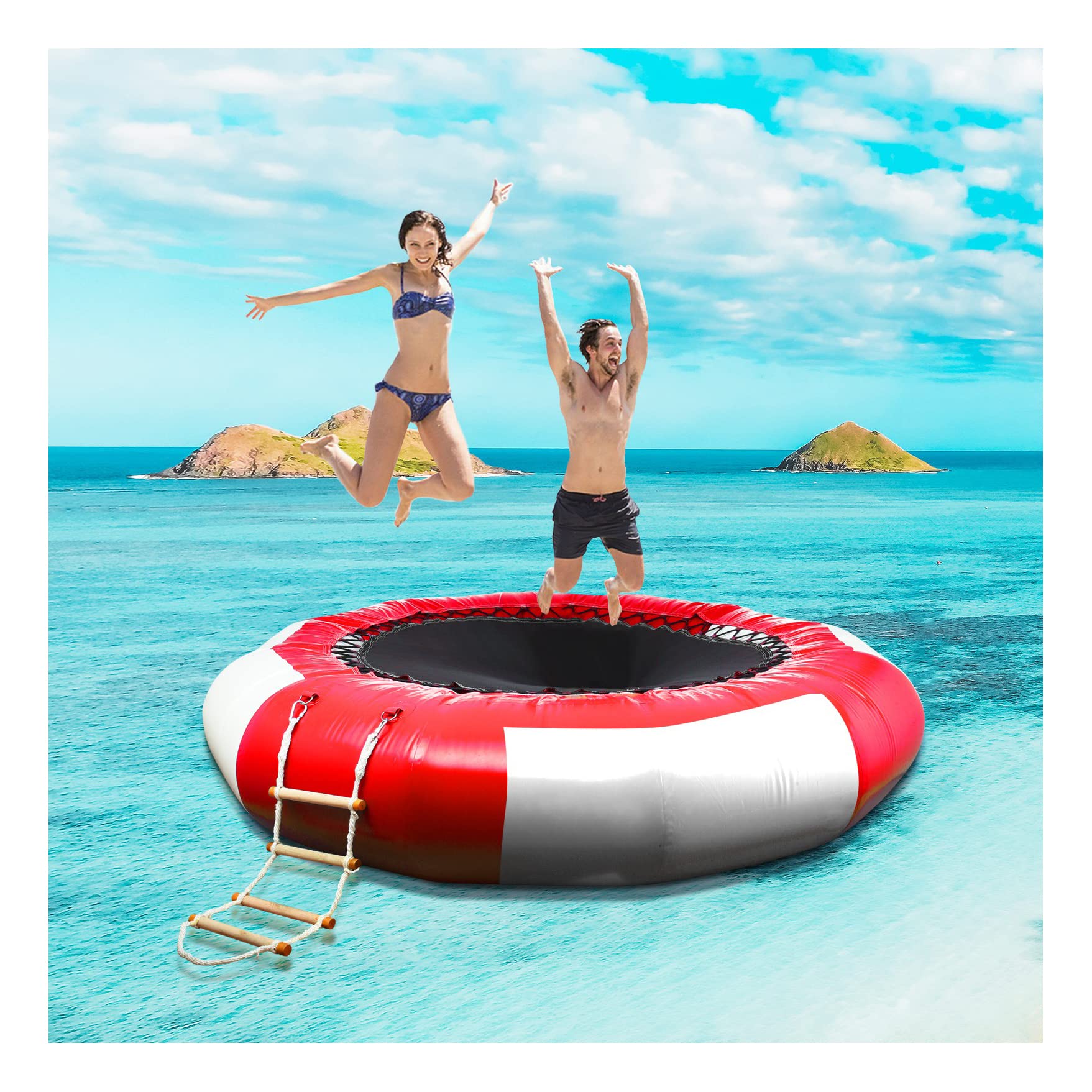 6.5FT Inflatable Water Trampoline for Lakes & Pools - Heavy Duty Round Water Bouncer with Electric Pump & 4-Step Wooden Ladder - 330lbs Capacity for Water Sports, Swimming, Backyard Fun & Summer Activities