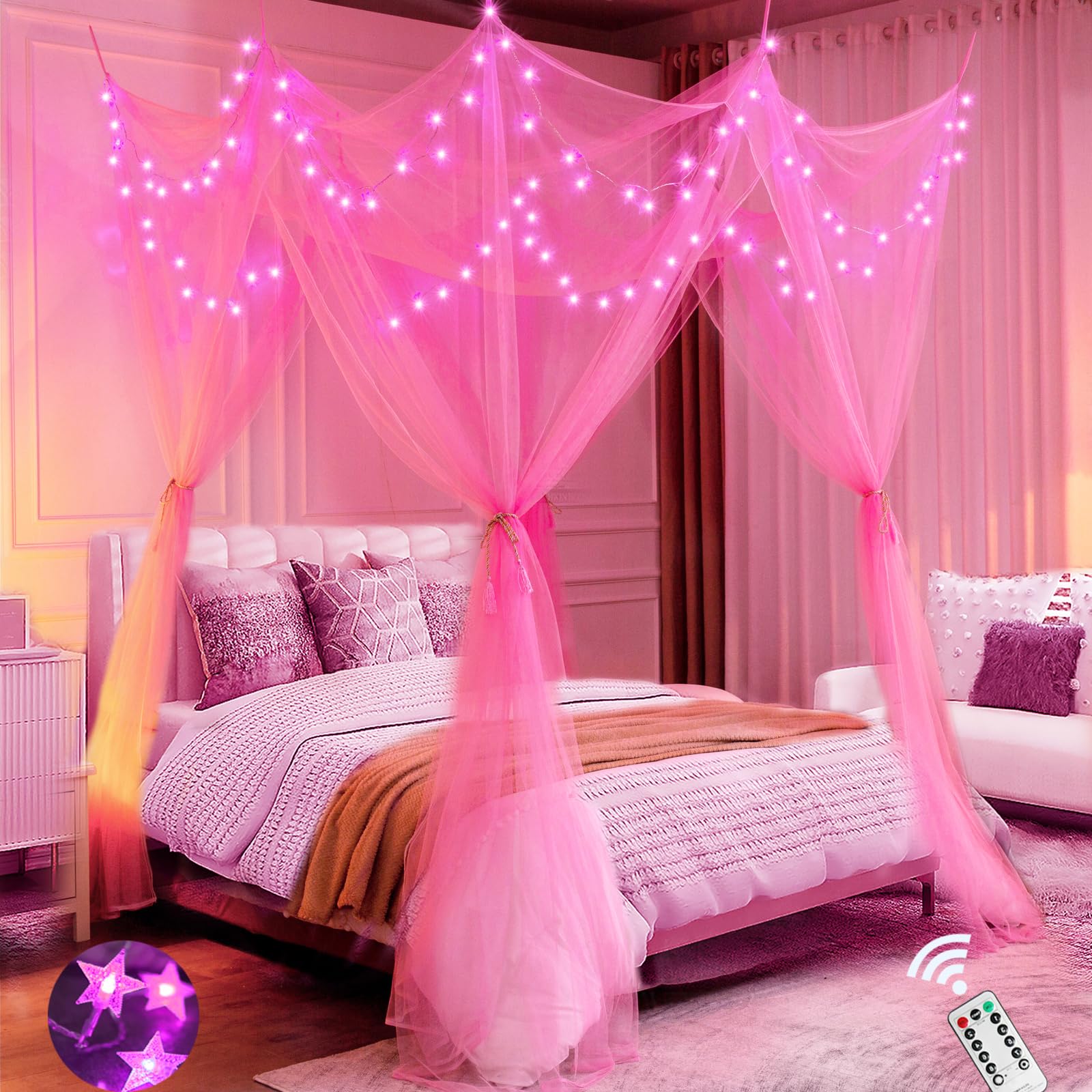 Obrecis Pink Princess Bed Canopy with Remote-Controlled Star Lights - 8 Corner Post Canopy Curtains for Twin/Full/Queen/King Beds - Perfect for Girls' Bedroom Decor & Romantic Nighttime Ambiance