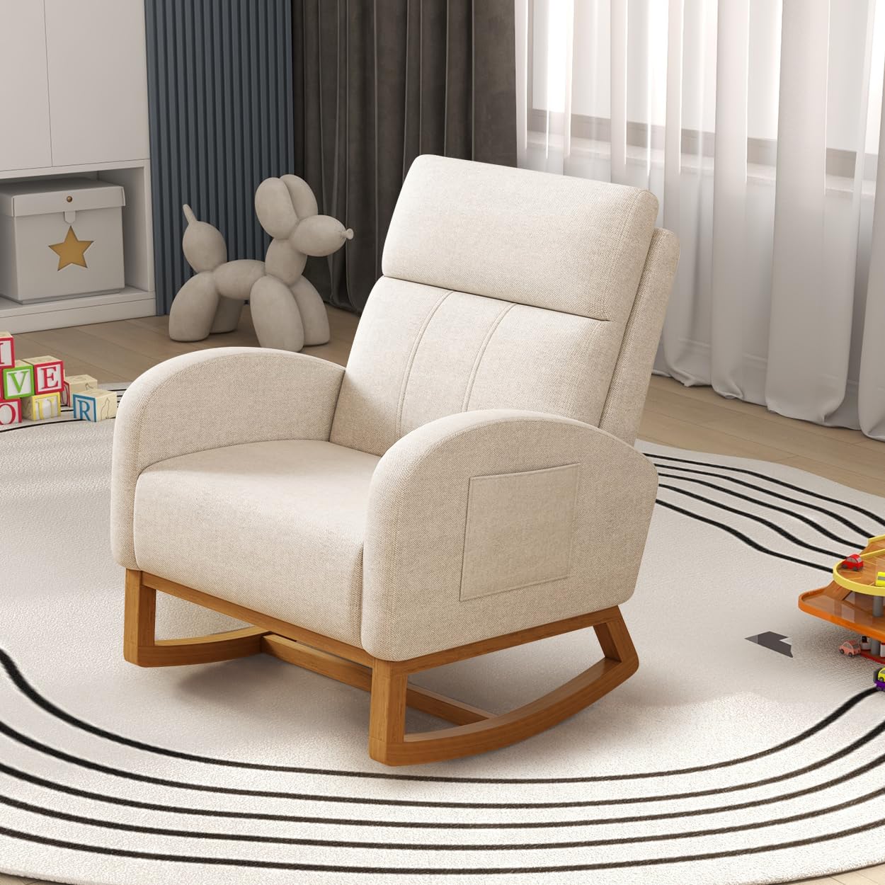 Comfy Upholstered Glider Rocking Chair with High Backrest & Side Pocket - Nursery Rocker, Bedroom Accent Chair & Living Room Armchair - Perfect for Breastfeeding, Reading & Relaxing (Cream)