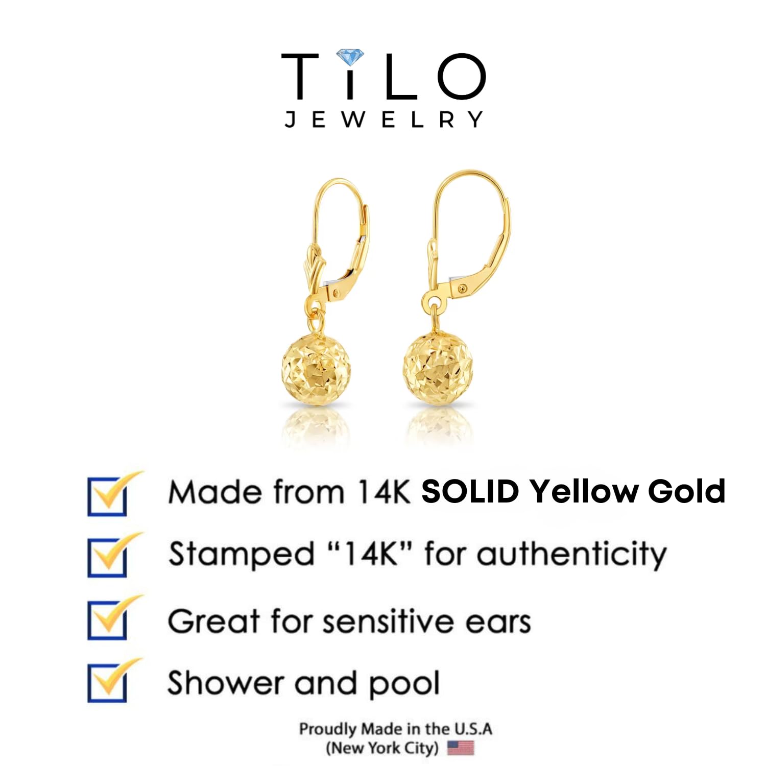 14K Yellow Gold Dangling Ball Earrings for Women - Elegant Leverback Drop Earrings | Perfect for Parties, Weddings & Special Occasions