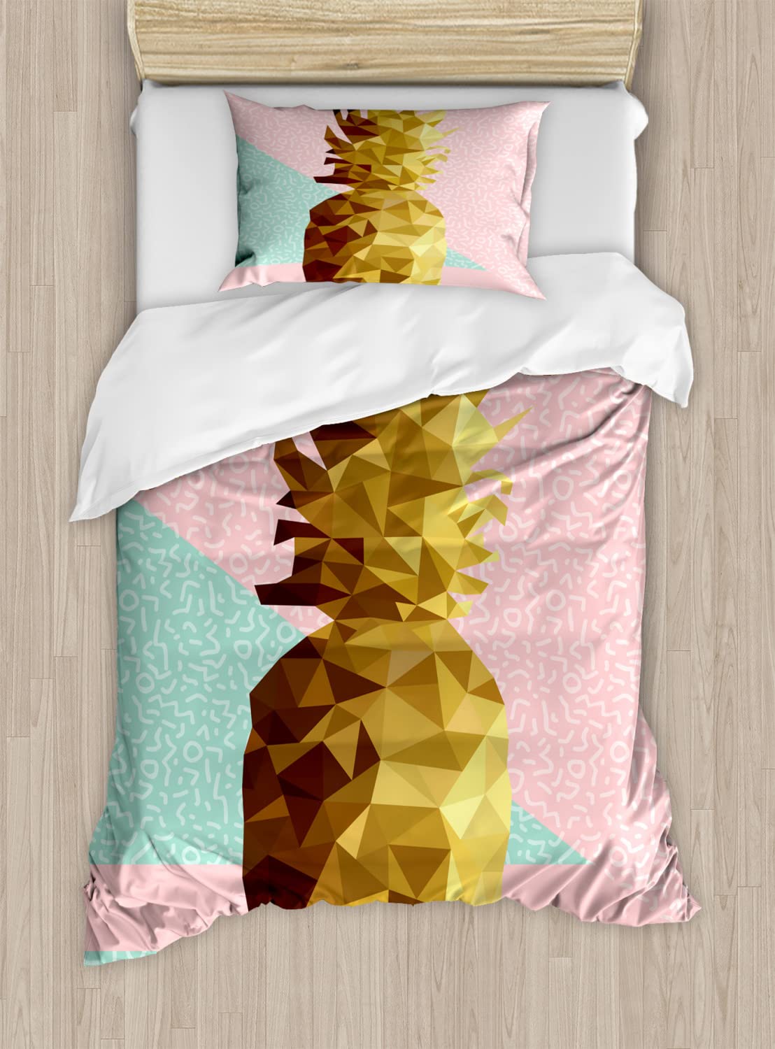 Ambesonne Indie Duvet Cover Sets - Retro Pineapple Fruit Design Memphis Style Bedding, 2-Pack Twin Size in Mint Green & Pale Brown | Perfect for Bohemian Bedrooms, Guest Rooms & Summer Home Decor