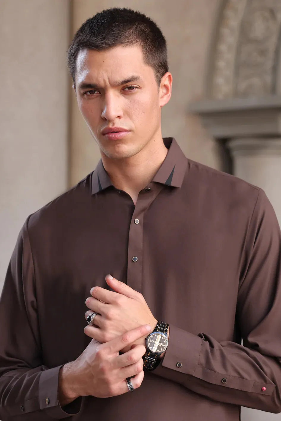 Premium Blended Dark Brown Shalwar Kameez by Almirah - Wasim Akram Collection | Elegant Pakistani Traditional Outfit for Weddings, Festivals & Special Occasions