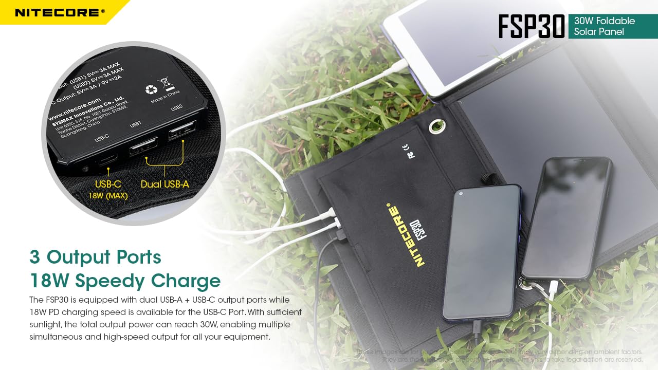 NITECORE FSP30 30W Portable Solar Charger with USB-A & USB-C | 4 Foldable High-Efficiency Panels | Fast Charging for Phones, Tablets, Power Banks | Perfect for Camping, Hiking, RV Trips & Outdoor Adventures