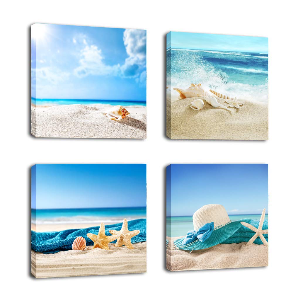 Paimuni Seashell Starfish Beach Canvas Wall Art - Contemporary Ocean-Themed Print for Bathroom, Bedroom, Living Room & Office Decor - Ready to Hang 12x12 Inches 4 Panel Set - Perfect for Coastal, Nautical & Beach House Decor Styles
