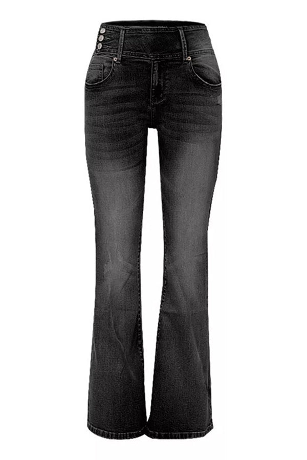 Vintage High Waist Flared Jeans with Side Button Pockets - Retro 70s Style Denim Pants for Women, Perfect for Casual Outings & Boho Fashion Looks
