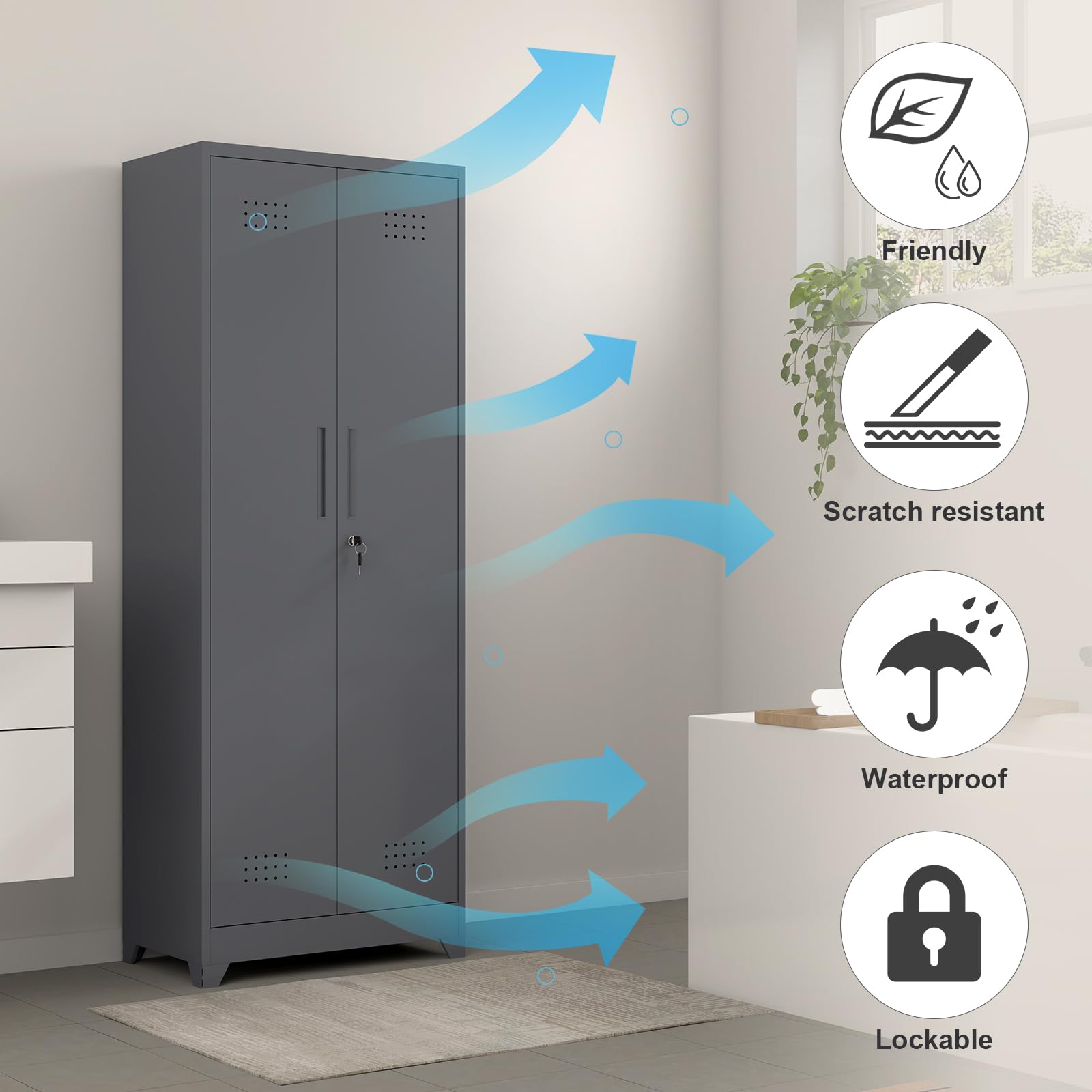 GREATMEET Broom Closet Cabinet with Pegboard & Hanging Rod - Wall Mounted Cleaning Supplies Storage Organizer for Bathroom, Garage, Laundry Room - Space Saving Household Organization Solution