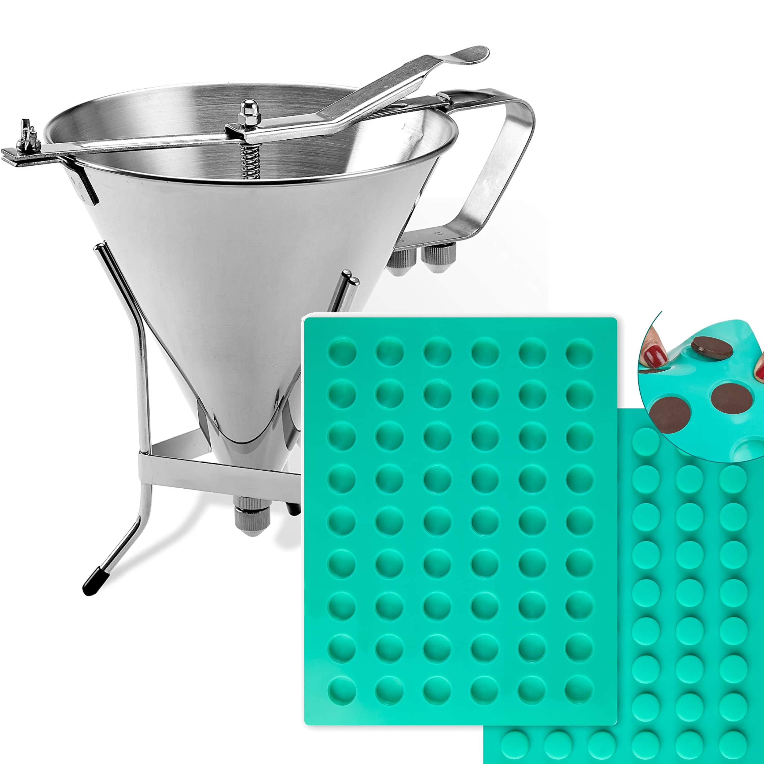 Premium O'Creme Confectionery Funnel with Stand & Silicone Gummy Candy Mold Set - Perfect for Making Chocolate Truffles, Ganache, Jelly, Candy, Pralines, Caramels - Ideal for Home Baking, Candy Making, and DIY Dessert Decorations