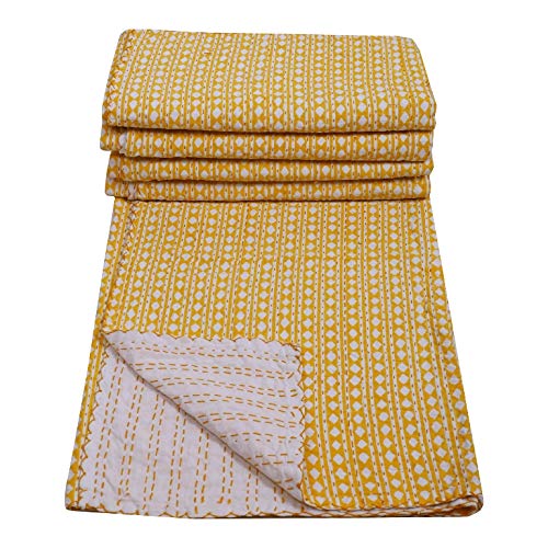 Handmade Indian Kantha Quilt - 100% Cotton Soft Block Print Throw Blanket for Bed, Sofa & Decor | Queen Size 90x108 Inch | Yellow | Perfect for Bedroom, Living Room & Cozy Home Decor