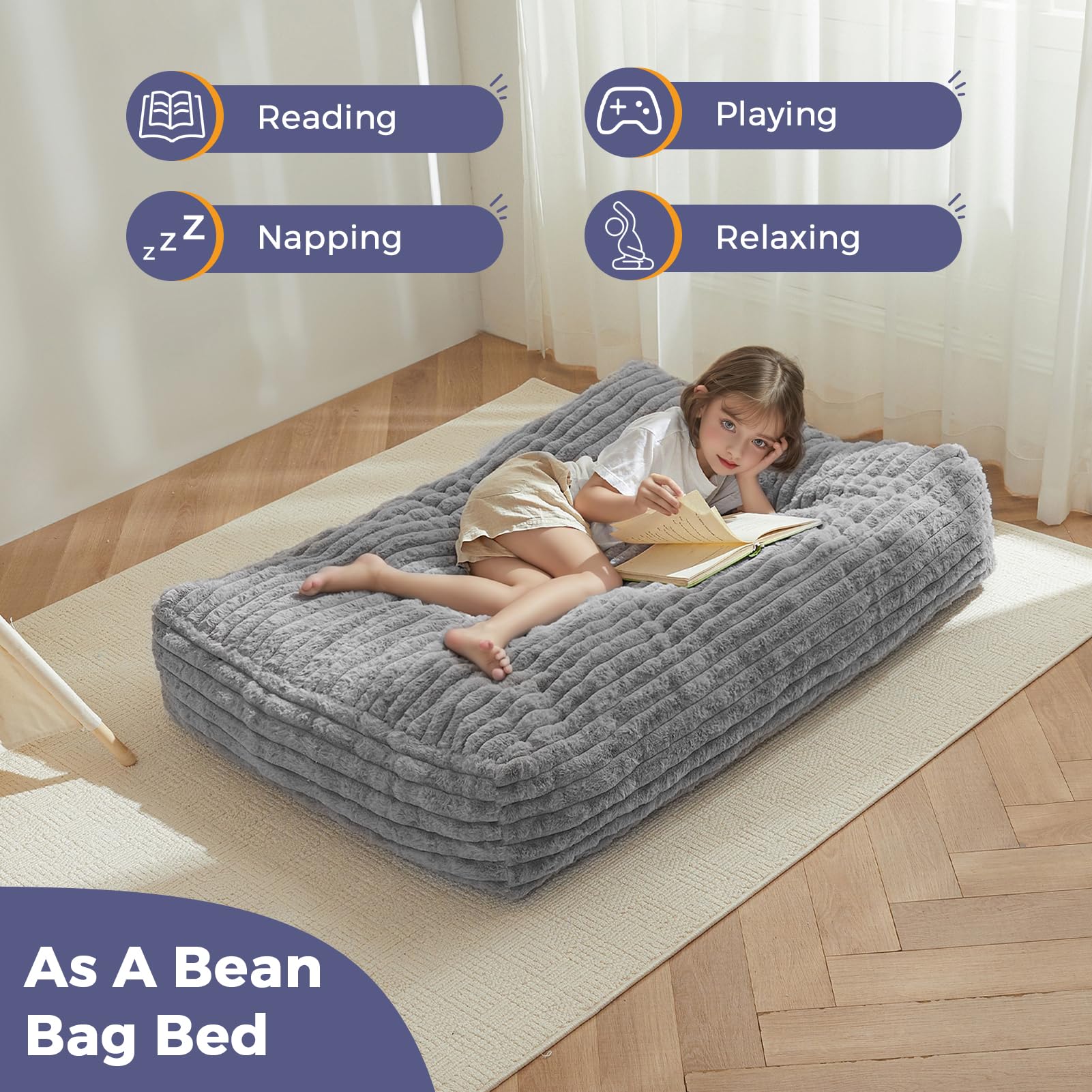 MAXYOYO Kids Bean Bag Chair Bed - Convertible Children's Bean Chair to Floor Mattress (Grey) | Perfect for Playrooms, Bedrooms & Reading Nooks