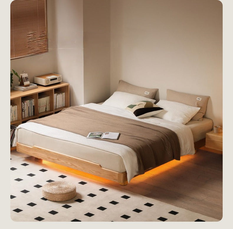 Solid Oak Wood Floating Platform Bed - No Headboard Modern Minimalist Bed Frame with LED Lights for Bedroom, Guest Room, or Studio Apartment