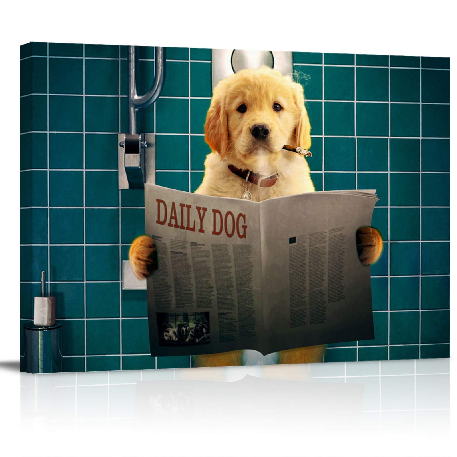 Funny Toilet Dog Canvas Wall Art - Golden Retriever Reading Newspaper Smoking Print - Framed Bathroom Decor - Stretched Canvas Painting for Bedroom, Living Room & Home Office Decor - Perfect Gift for Pet Lovers