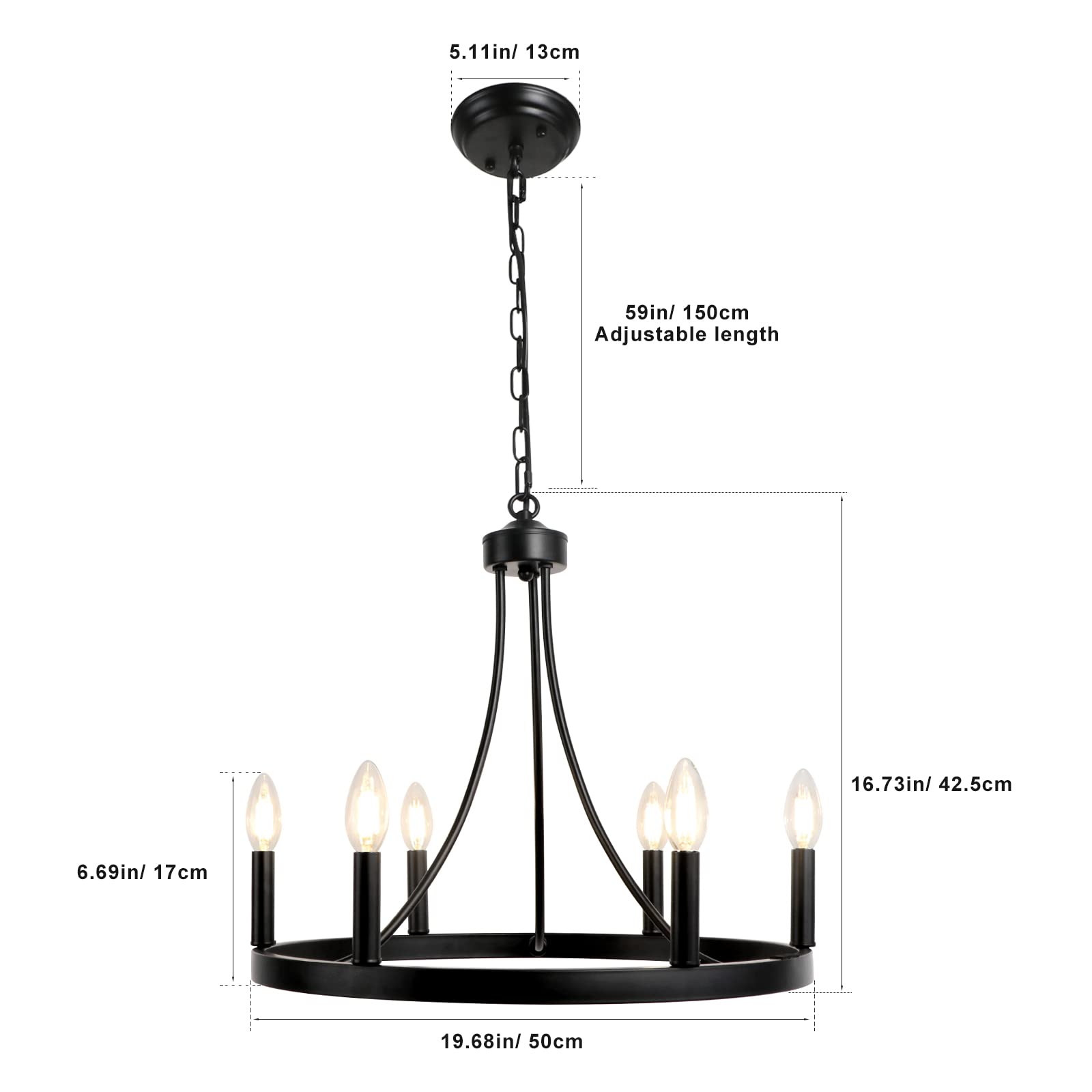 LynPon 6-Light Black Wagon Wheel Chandelier - 20 Inch Rustic Farmhouse Ceiling Light Fixture for Dining Room, Living Room, Kitchen, Foyer | Perfect for Entryways, Barn Weddings & Country Style Home Decor