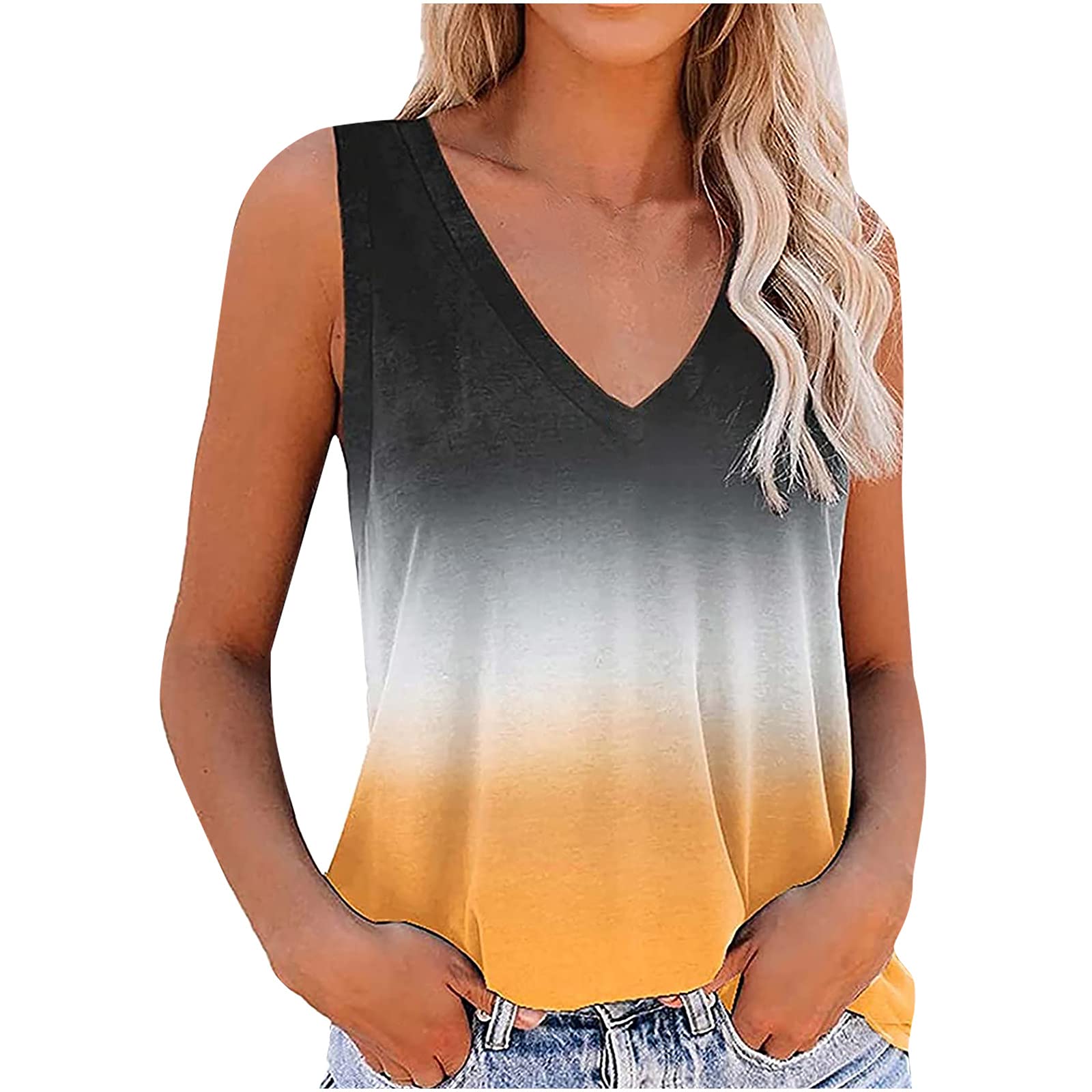 Women's Summer Casual Tie Dye V-Neck Sleeveless Tank Top - Breathable Yellow T-Shirt for Beach, Yoga & Everyday Wear